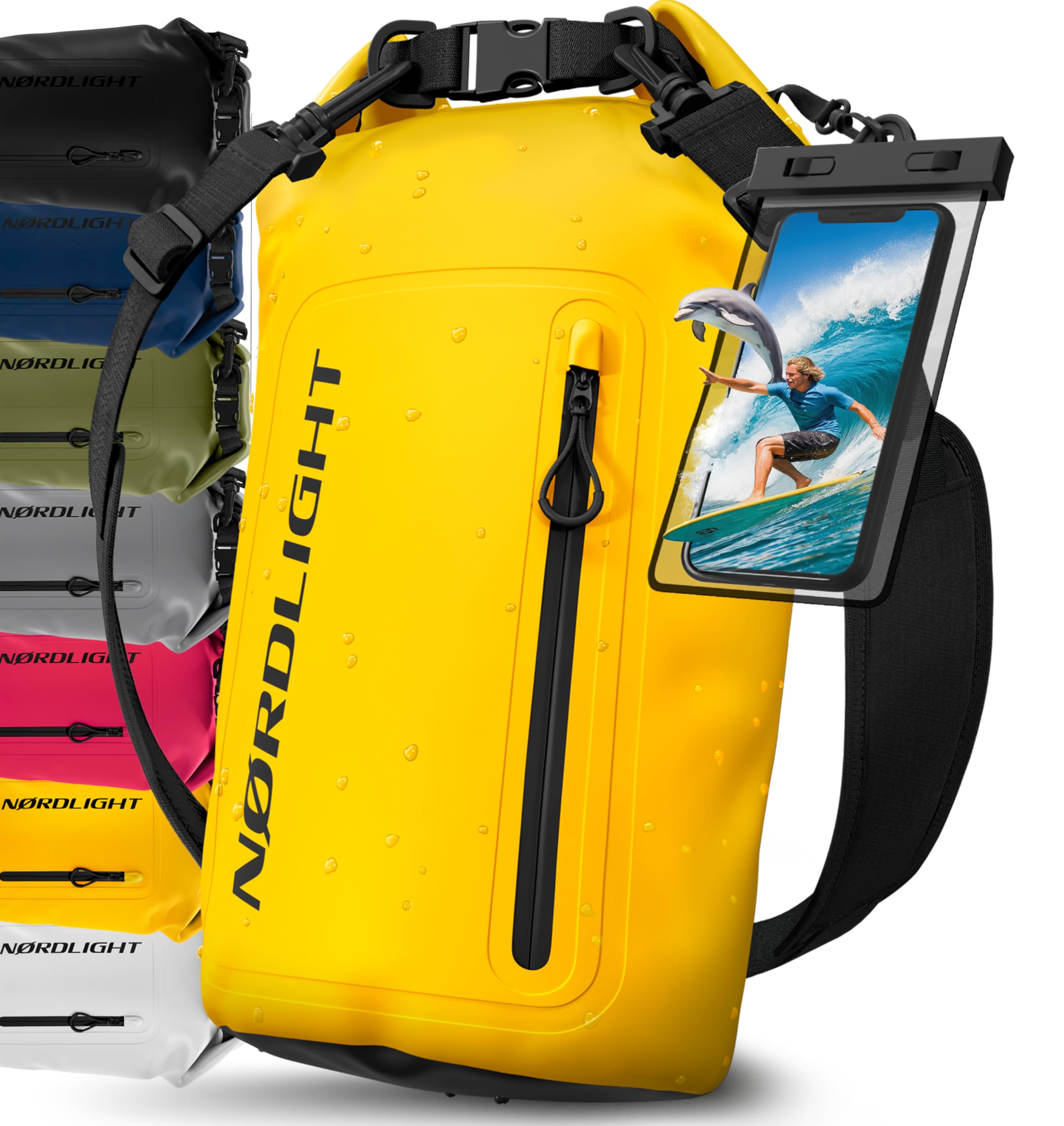Nordlight Bolsa Estanca Impermeable + Funda para Móvil, Cierre Enrollable, Correa para Hombro | Drybag Mochila Impermeable Saco Estanco Bolsa de Transporte Náutica | Playa Sup - Amarillo, 30 litros