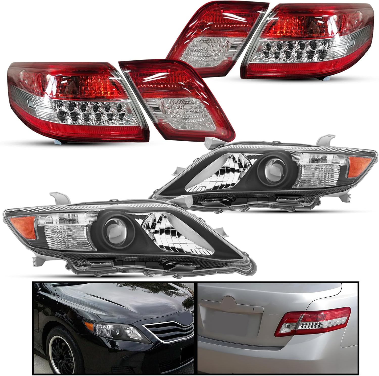 6PCS Headlights & Tail Lights Combo Assembly Set For 2010 2011 Toyota Camry LE XLE SE Hybrid 4-Door Sedan Headlamp taillights Black Housing Amber Reflector & Red Lens Brake Lamps Kit (LH&RH)