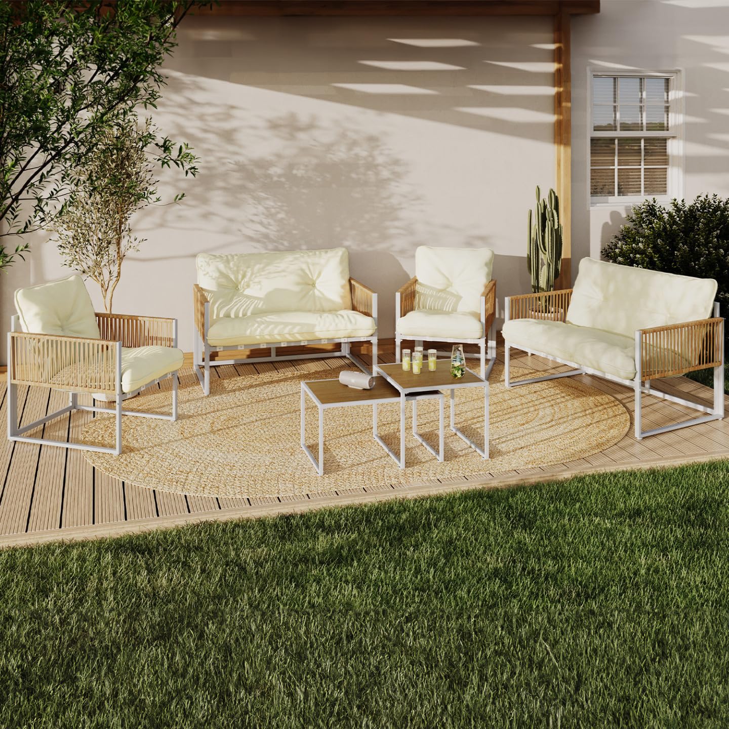 IDMarket - Salon de Jardin Bas Rio 6 Places Structure métal Blanc