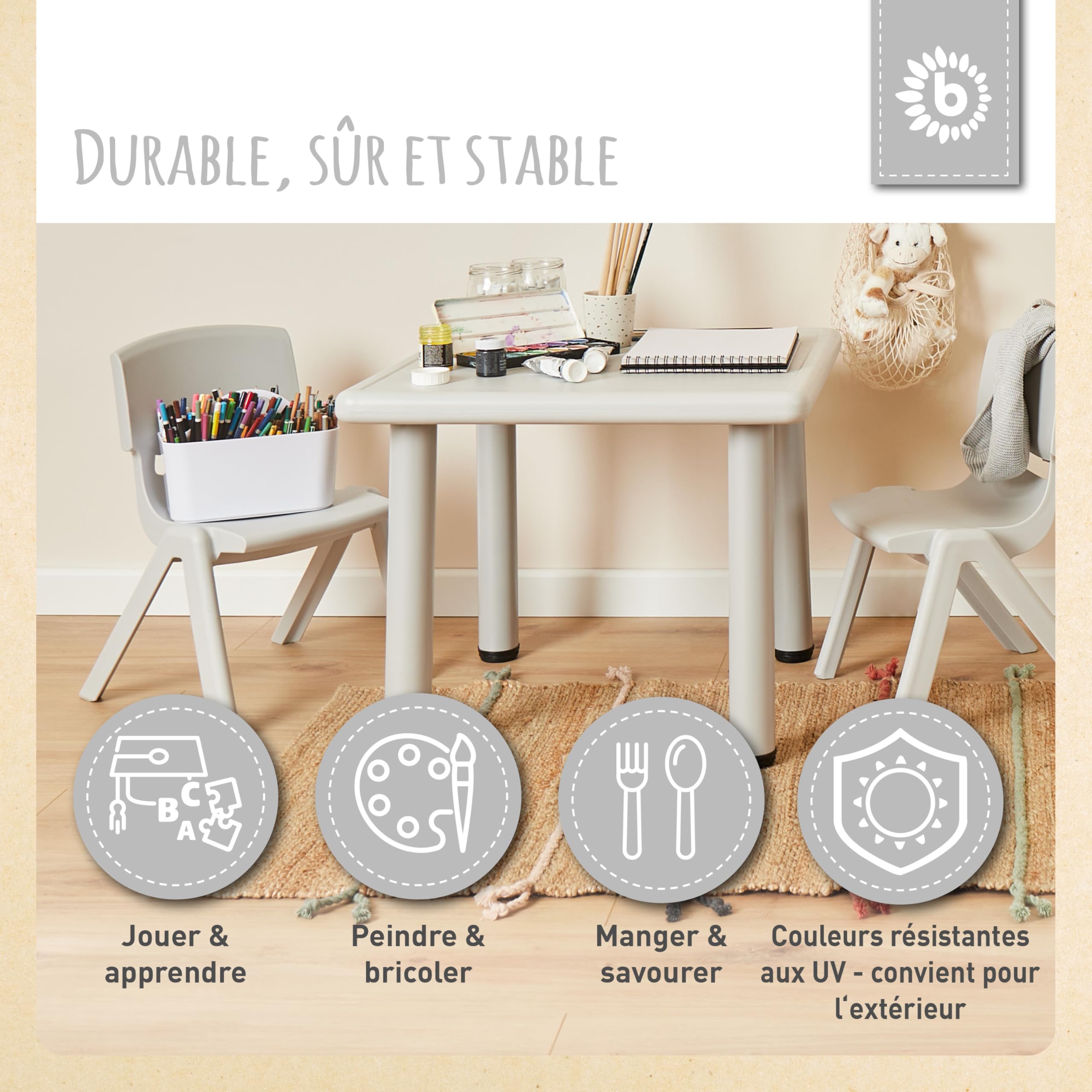 Bieco table pour enfant avec 2 chaises - Intérieur et extérieur - Empilable et anti-basculement - Table de bricolage et peinture