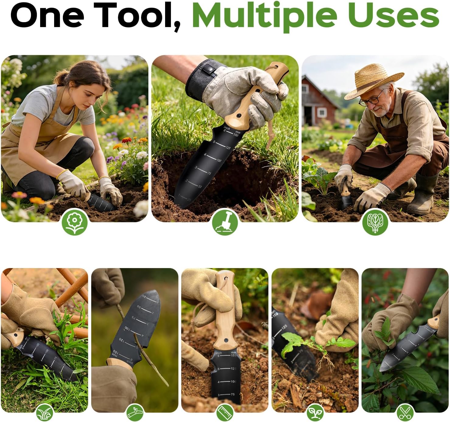 Garden Tools Trowel with EDC Sheath, Gifts for Men Women Mom Dad, Gardening Tools with 7" Stainless Steel Blade, Dual-Scale Measurement, Hanging Hole, Gardening Hand Tools for Weeding Digging Planting