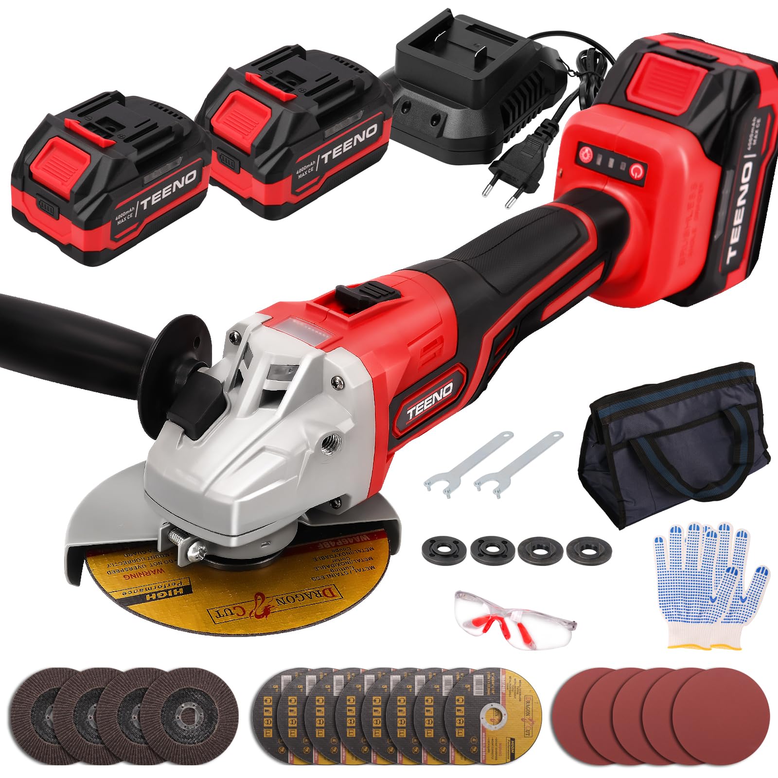 TEENO Amoladora Angular a Batería 2 * 4.0Ah,9100RPM Amoladora Angular Eléctrica sin Escobillas,0-4500/0-6500/0-9100tr/min，Discos de corte 125mm，Para Cortar y Amolar con Precisión