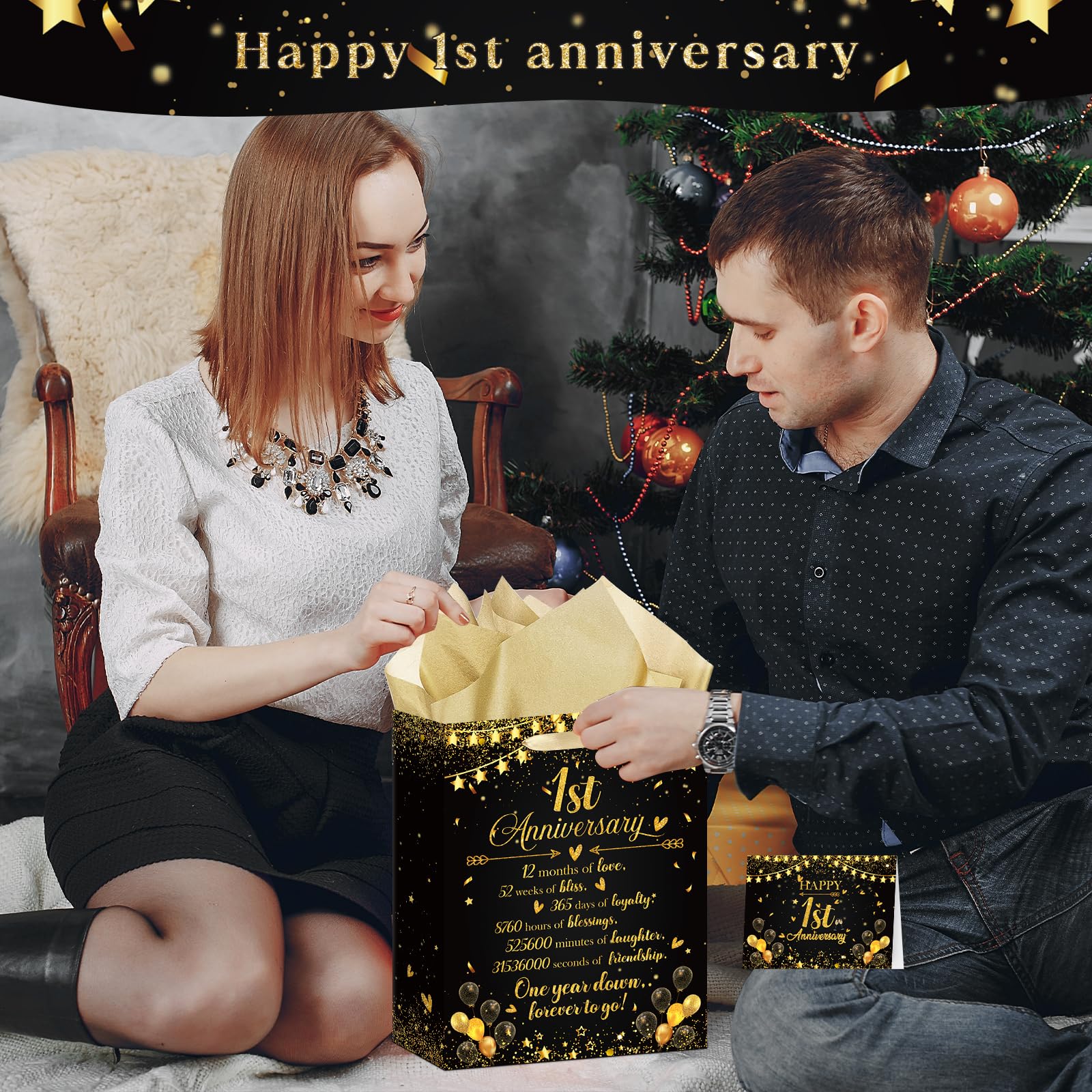 Happy 1st Anniversary Party Favor Bag Black Gold One Year Wedding Anniversary Wrapping Paper Bag with Tissue Paper and Greeting Card First Wedding Candy Goodies Treat Bags for Couple Wife Husband