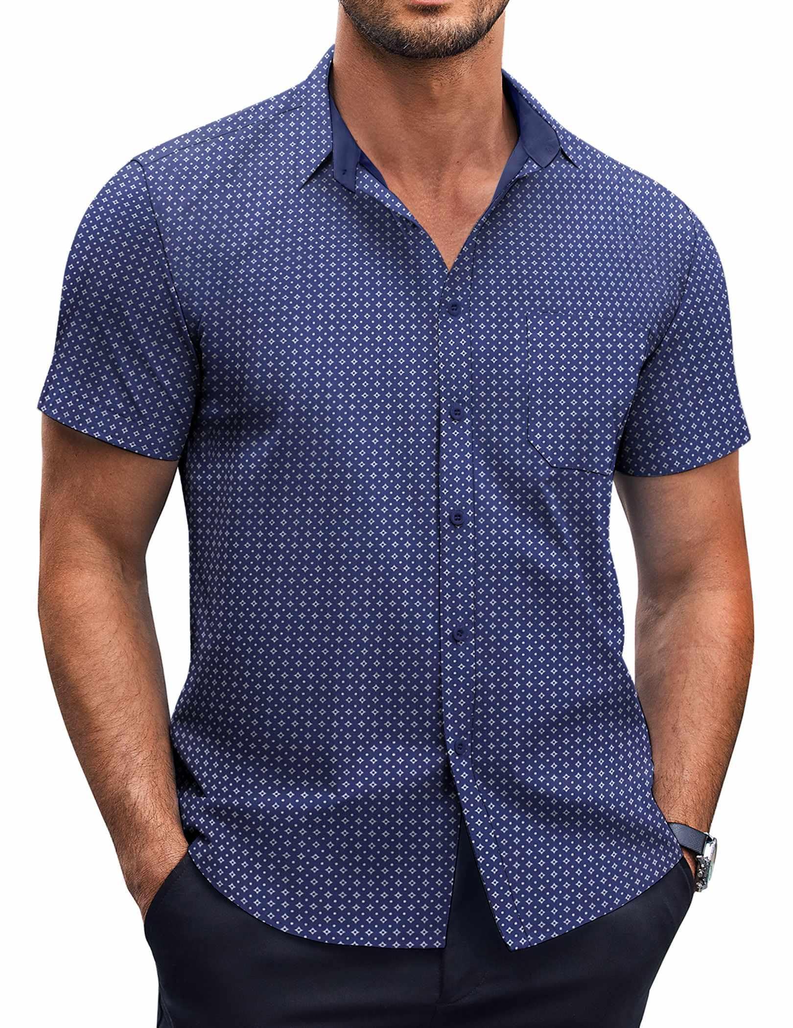COOFANDY Mens Short Sleeve Button Down Shirts Wrinkle Free Dress Shirts Casual Polka Dot Print Shirt with Pocket