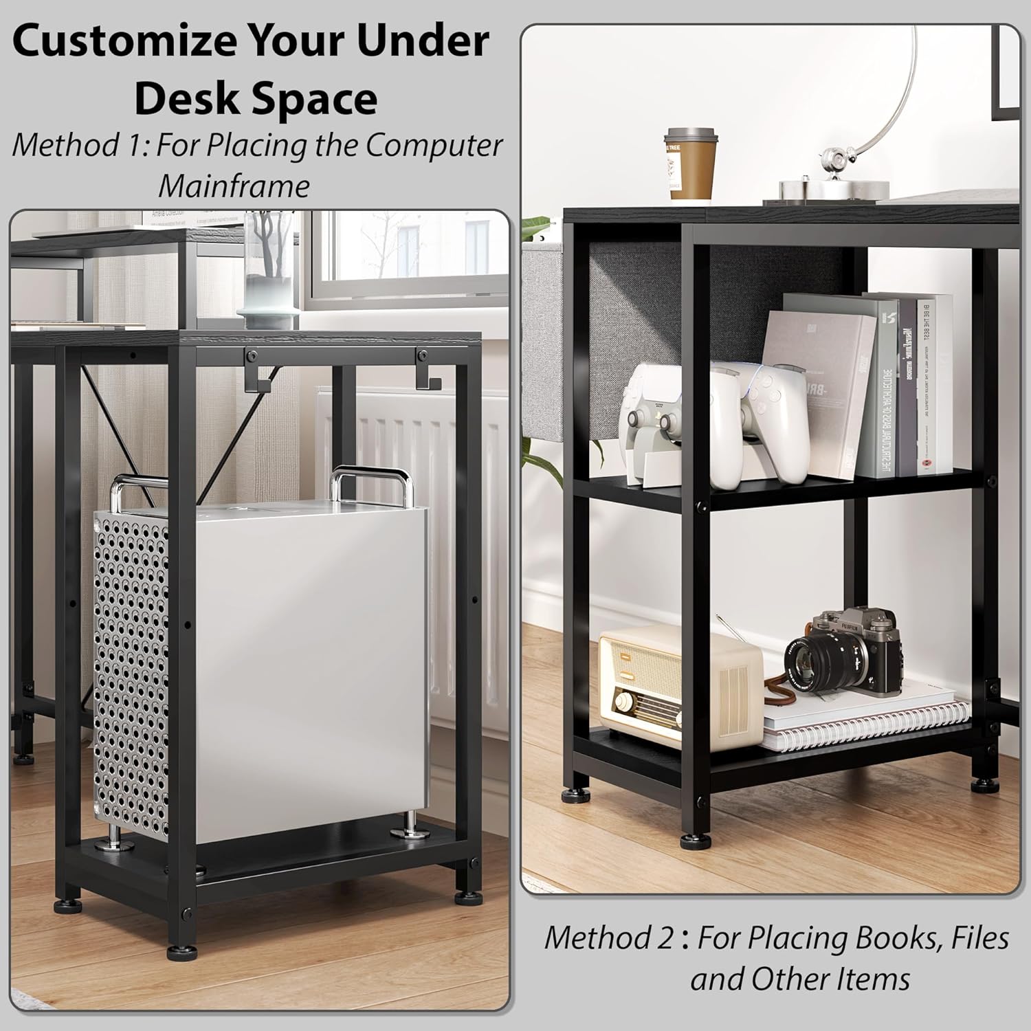 Diagram showing dimensions and various configurations of the GIKPAL L-shaped desk, including straight and L-shaped layouts with measurements.