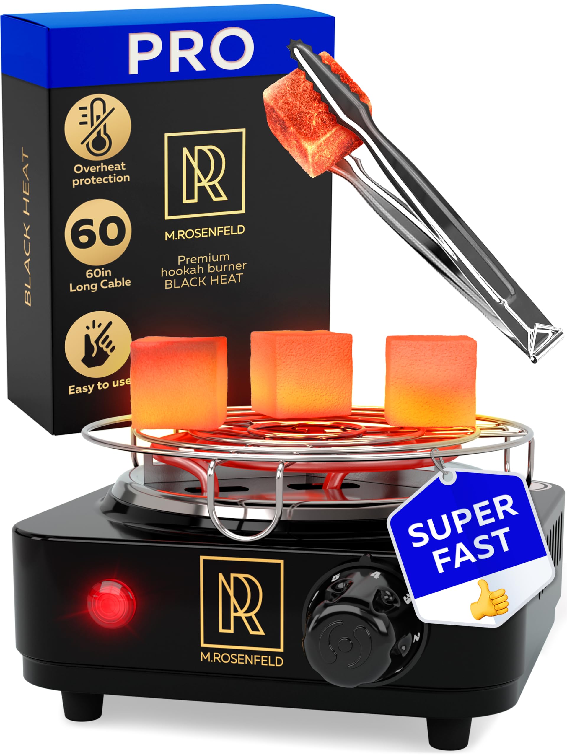 PRO Hookah Coal Burner for Hookah Cubes 500W with grid – BLACK HEAT Charcoal Burner Electric for Shisha with grill & FREE Hooka Tongs - Strong Durable 304 Steel Coil