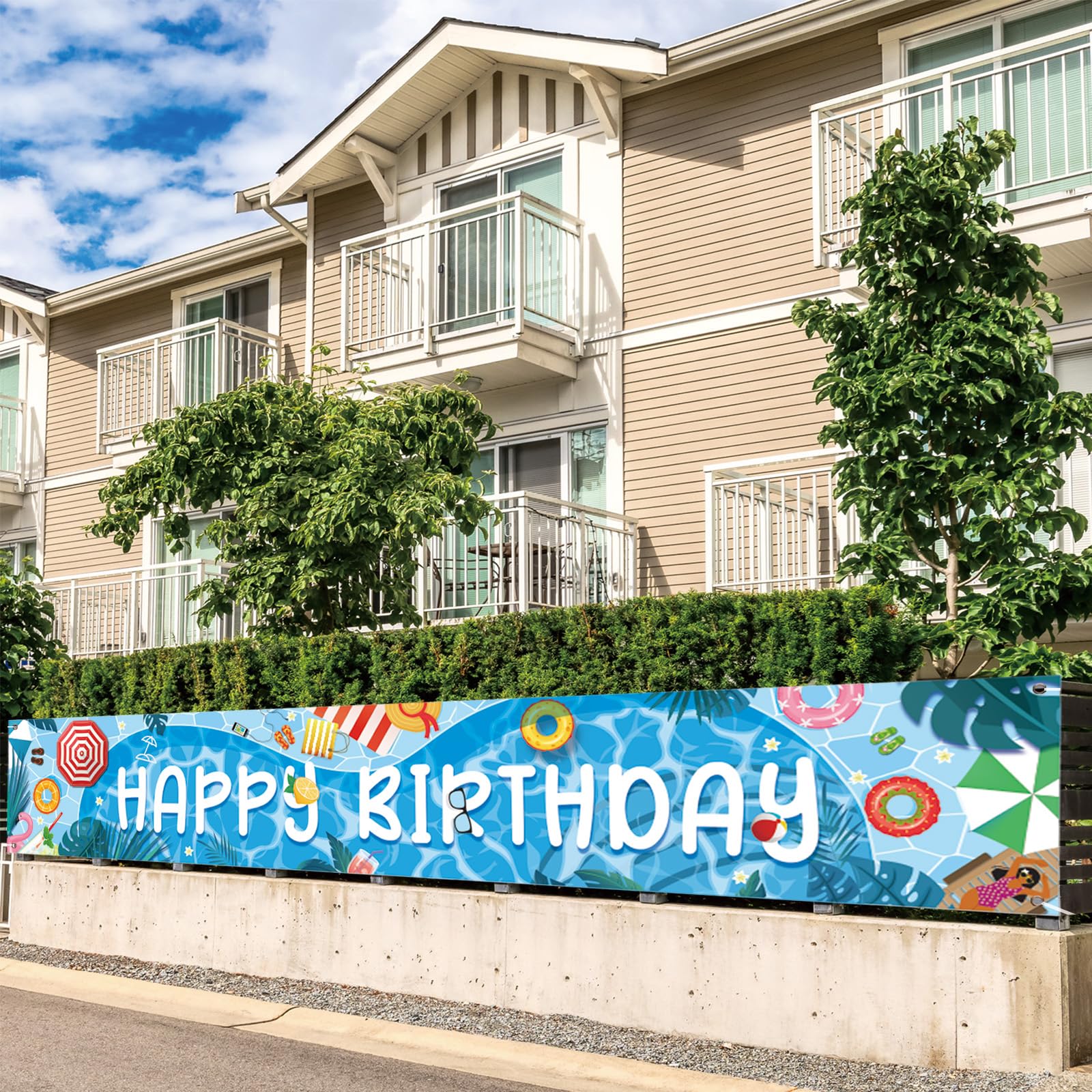 Banner de feliz cumpleaños, decoración de fiesta en la piscina, telón de fondo de verano para playa, hawaiano, luau, tropical, Aloha, suministros de decoración