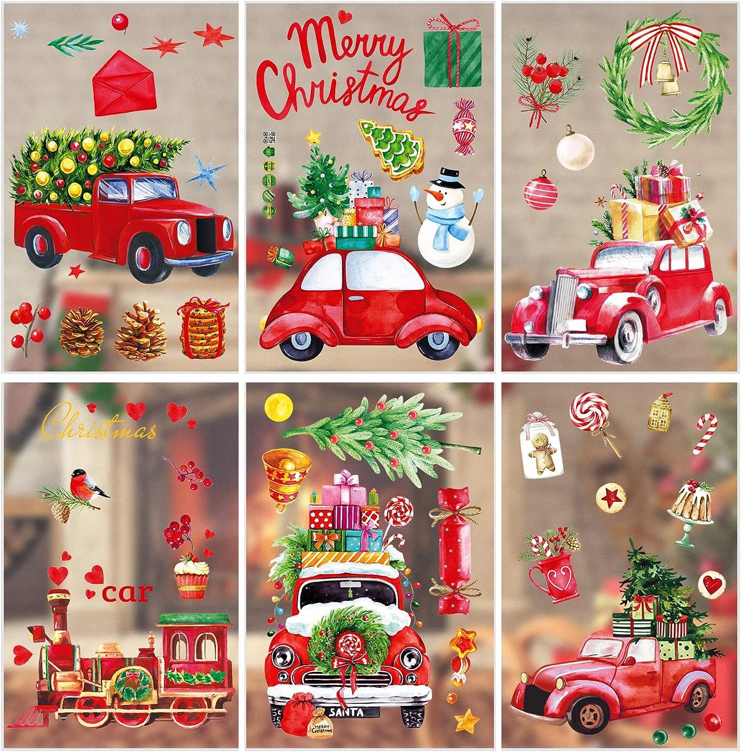 9 Sheets Christmas Decorations Window Clings - Christmas Window Stickers Double-Sided with Christmas Tree Reindeer Snowflakes for Christmas Holiday New Year Home School Party Supplies