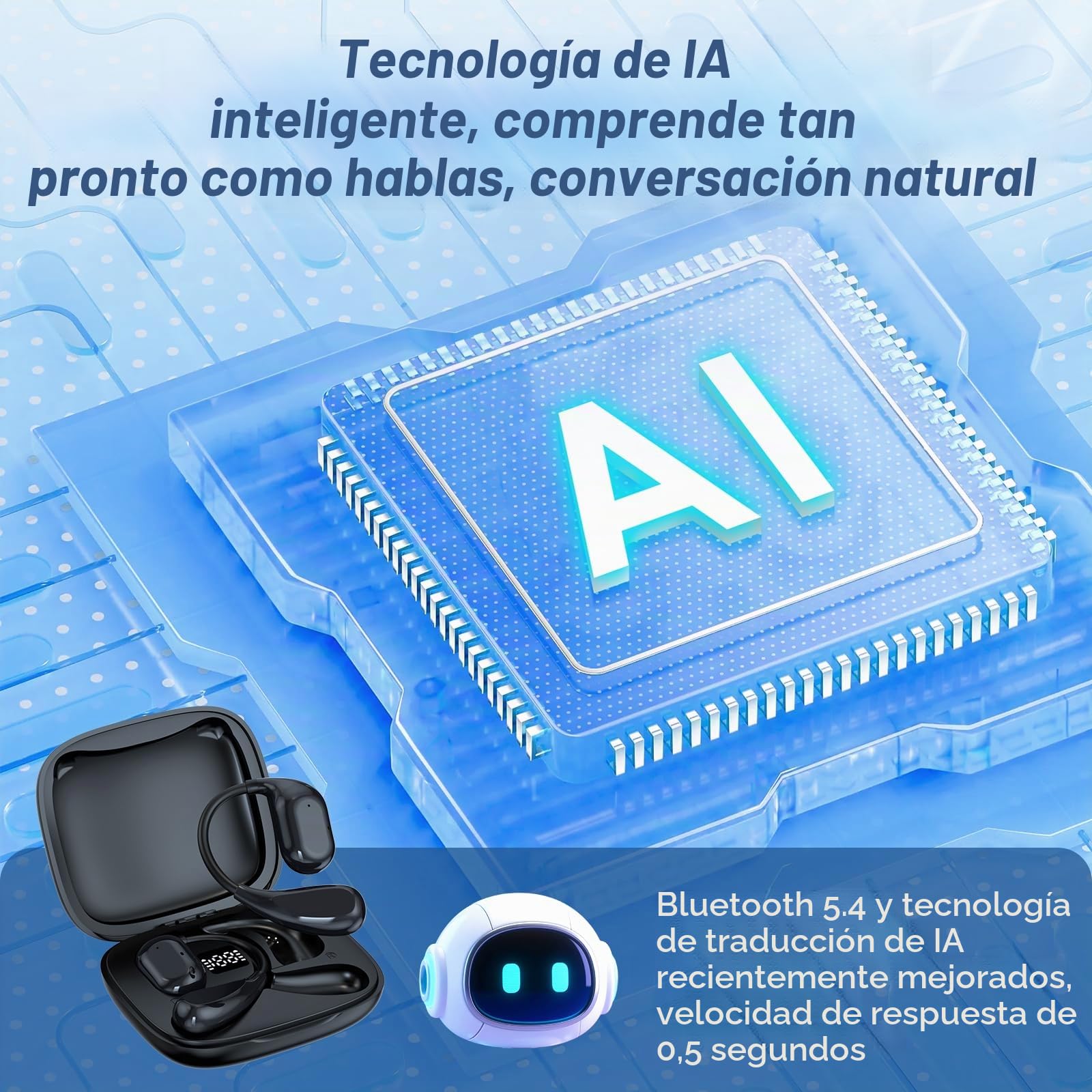 AI Auriculares de traducción en Tiempo Real, 6 Modos de traducción, admite 150 Idiomas y traducción sin conexión, Auriculares traductor Bluetooth 5.4, adecuados para reuniones y Viajes.