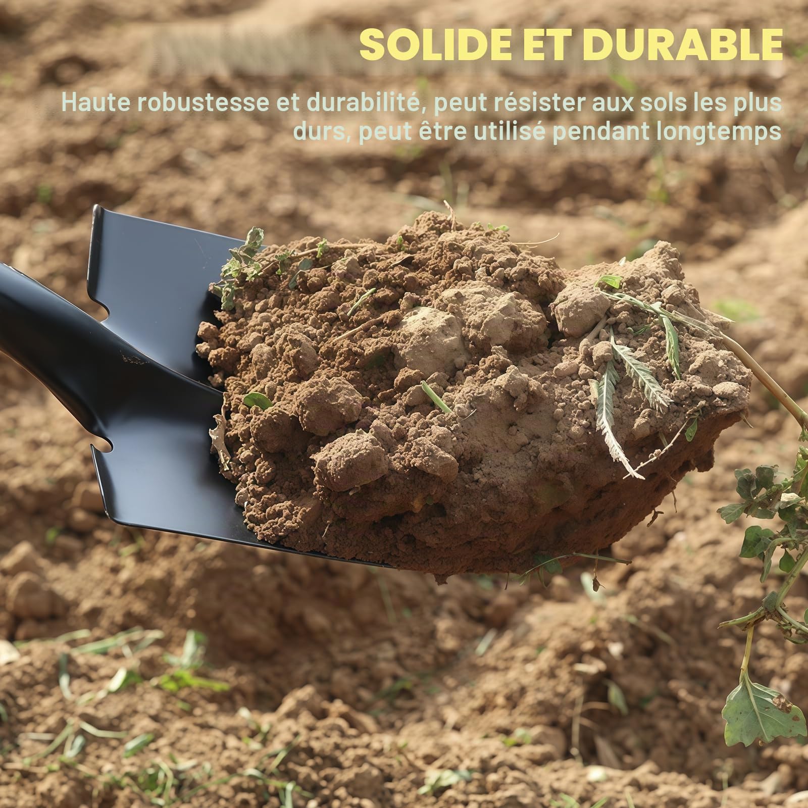 Nizirioo Bêche de jardinier, avec manche en bois et poignée en D, 68 cm, pour sols durs et pierreux, en acier pointu, noire