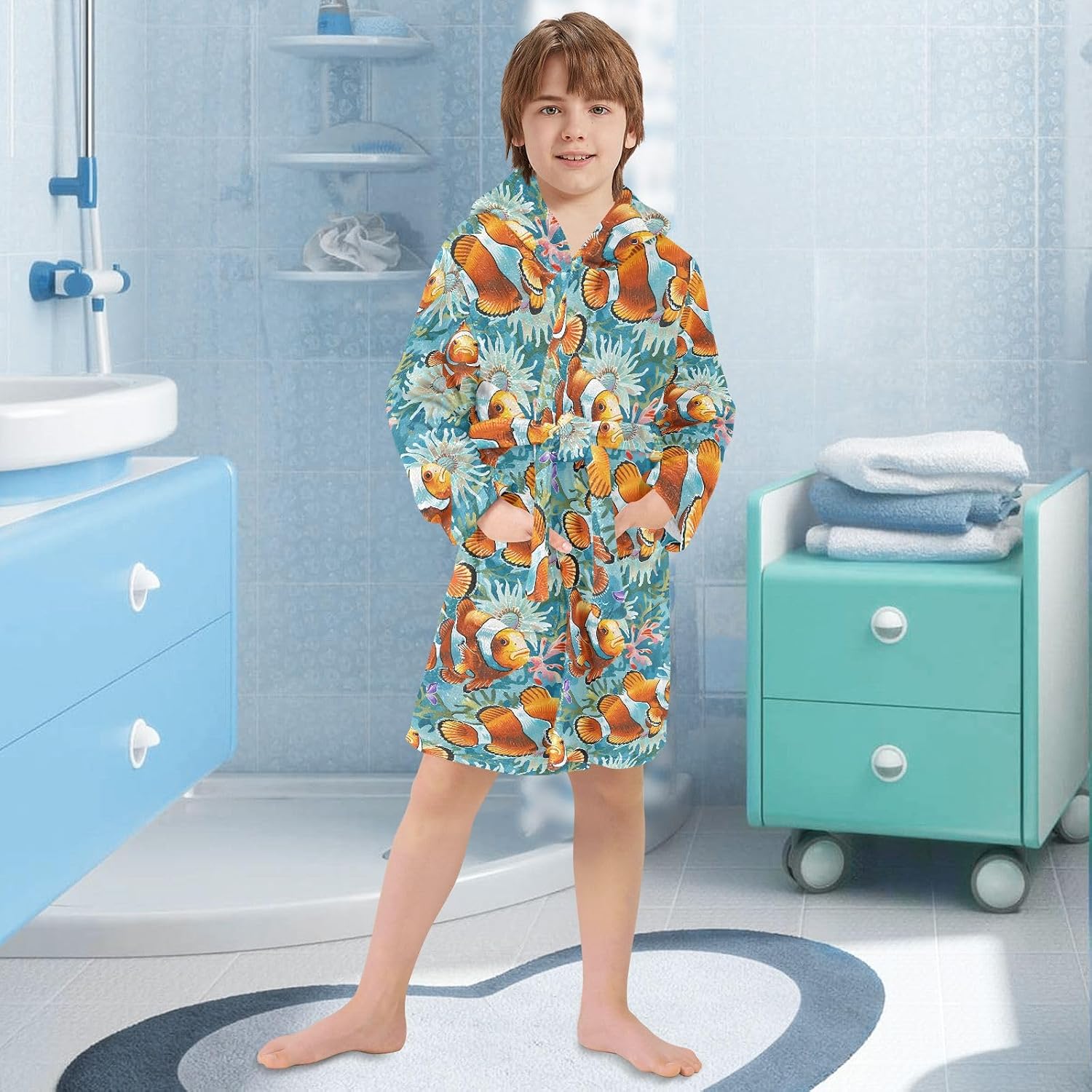 senya Colorful Coral Fishes Toddler Hooded Bathrobe Kids Soft Plush Bath Towel Robes for Boys Girls 2-12 Years