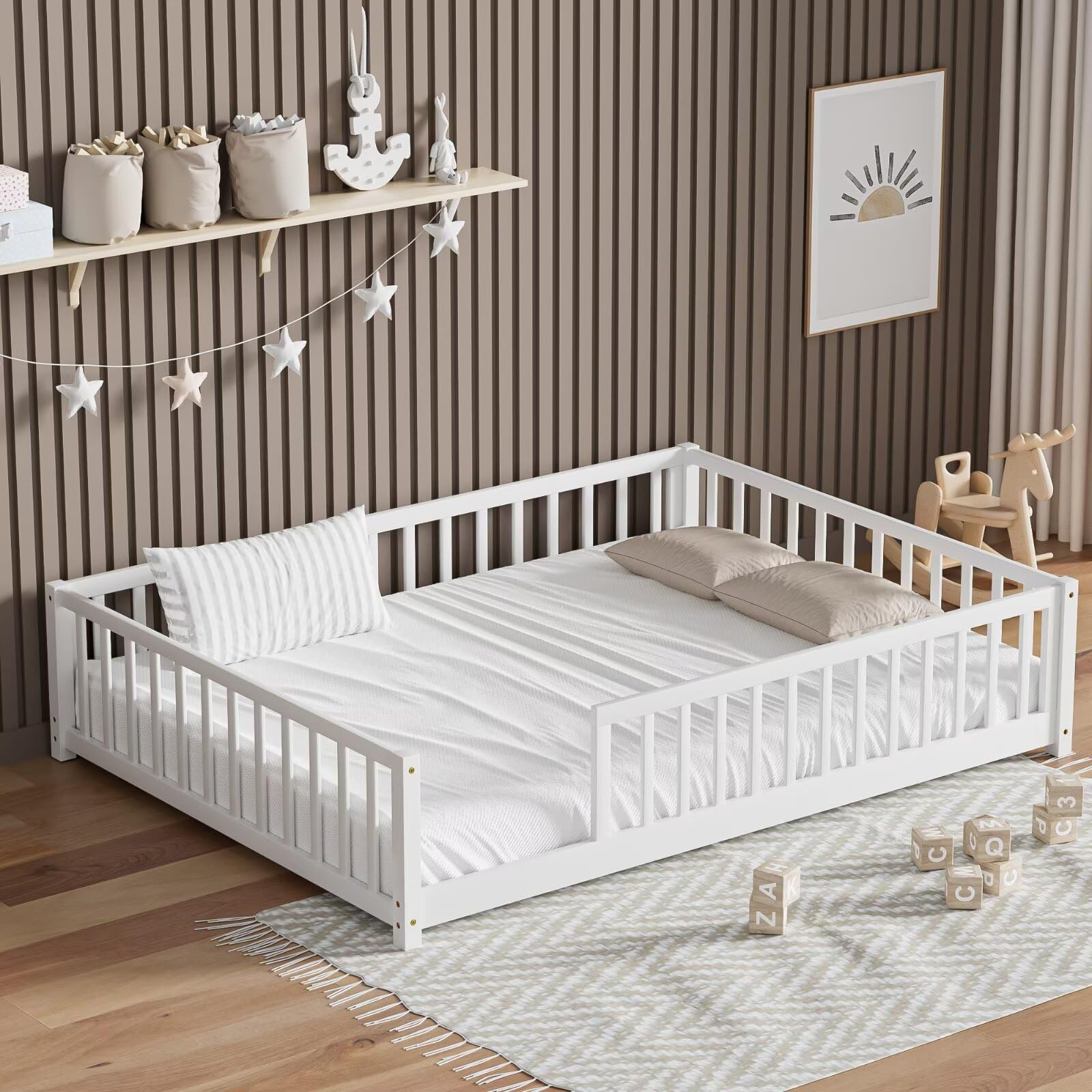 LLS Full Floor Bed for Kids Toddlers, Solid Wood Multifunctional Montessori Bed Frame with Safety Guardrails, Without Door, Easy Assemble, White