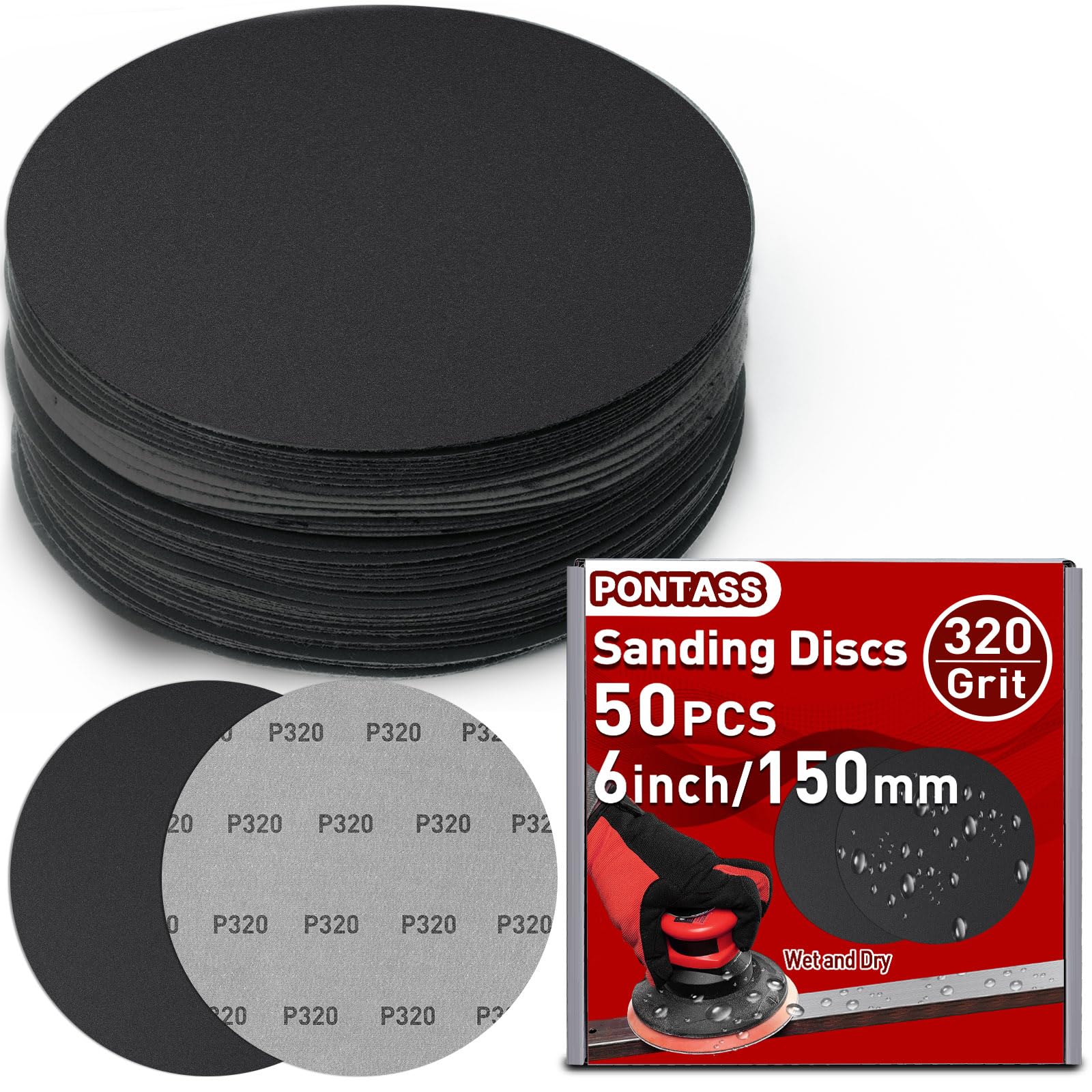 Wet and Dry Sanding Discs 6 Inches, 50Pcs Hook and Loop Sanding Disc for Random Orbital Sander Circular Sanding Discs 320 Grit Silicon Carbide Sander Paper Flocking Sandpaper for Car Jade Polishing
