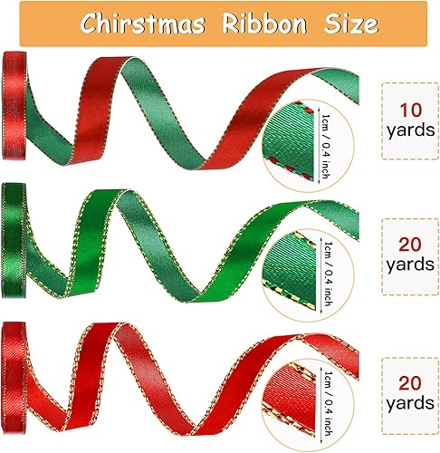 Miniatura 7 de Cinta de satén de Navidad de 50 yardas, cinta de satén de doble cara decorativa roja y verde con bordes dorados, cintas de satén de doble cara para