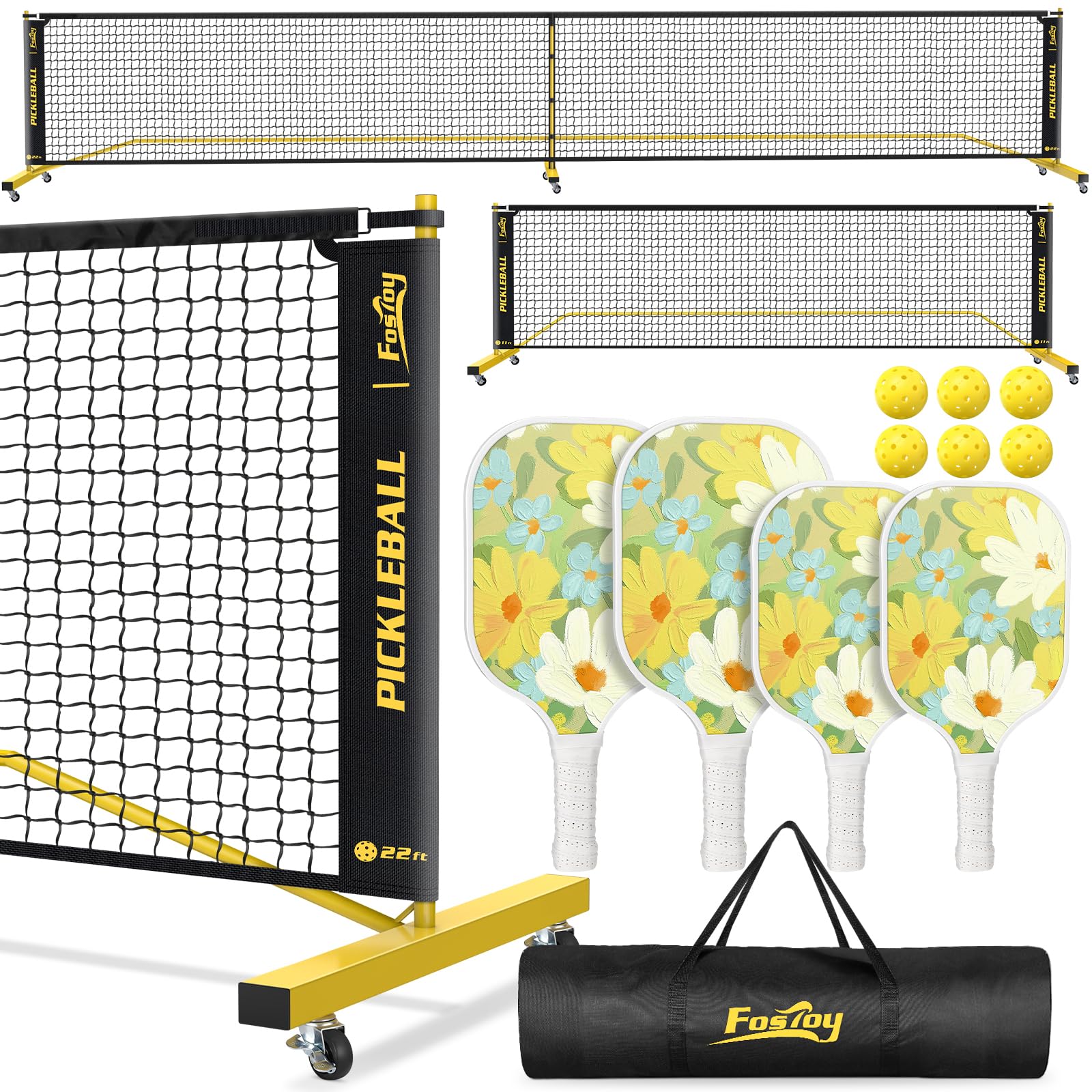 Fostoy Portable Pickleball Net Set with Wheels — Complete Family Backyard Kit with 4 Fiberglass Paddles, 6 Balls & Carry Bag — Easy Setup for Driveway, Garage, Kids & Adults