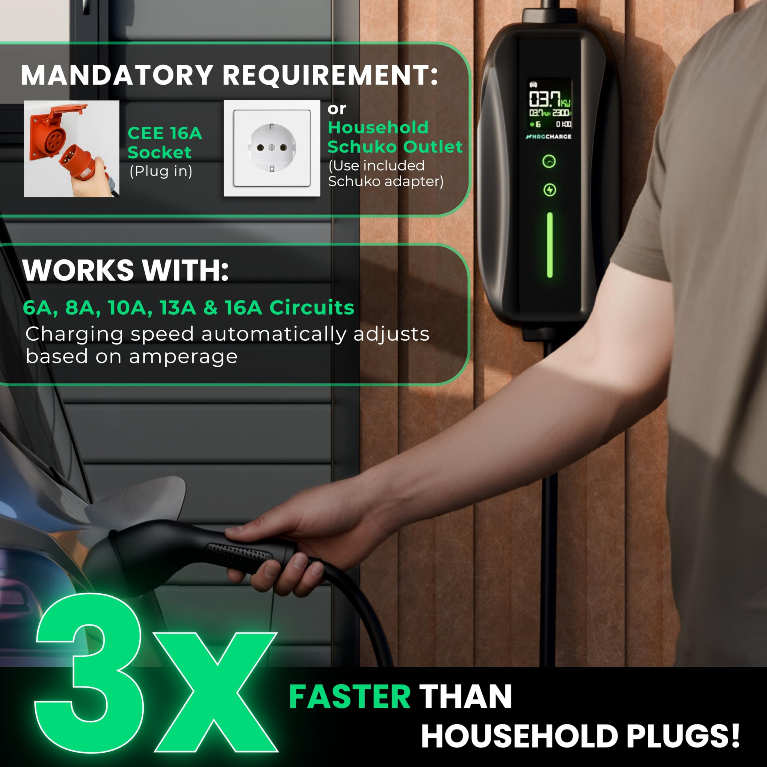 Cable de carga tipo 2 enchufe CEE [trifásico, 7 m, 6-16 A] - Caja de pared móvil y cargador EV - Carga rápida para coche eléctrico - Compatible con VW, Tesla, BMW, Audi, Hyundai y más (11