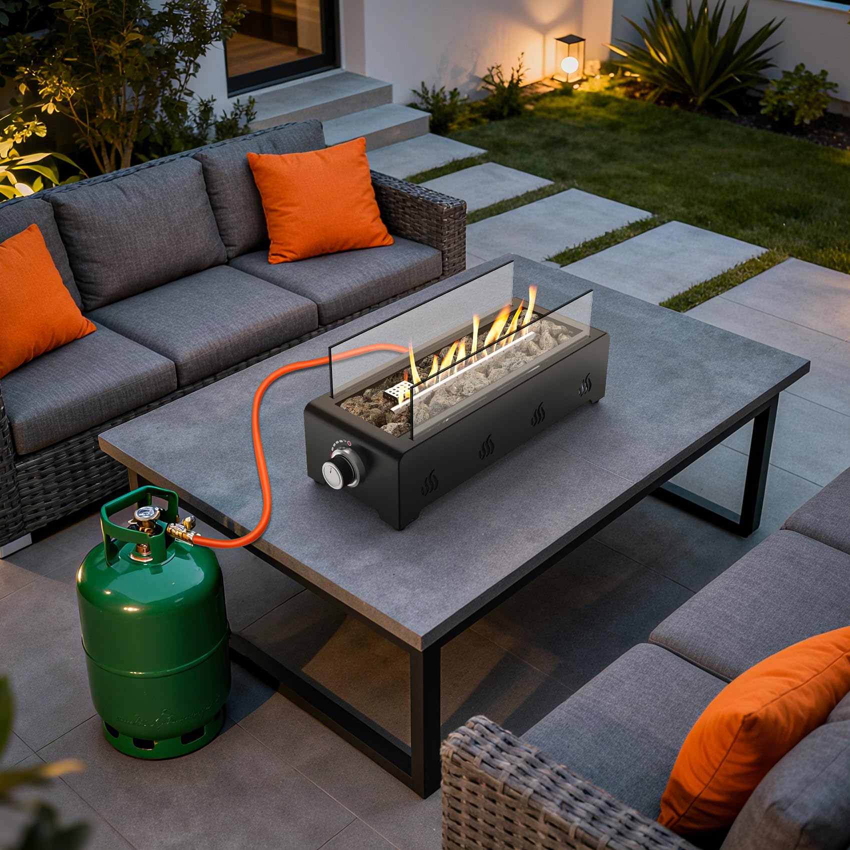 Onlyfire Foyer à gaz de table de 45,7 cm, chauffage de terrasse portable avec pierres de lave et pare-vent en verre pour terrasse, jardin, restaurant en plein air