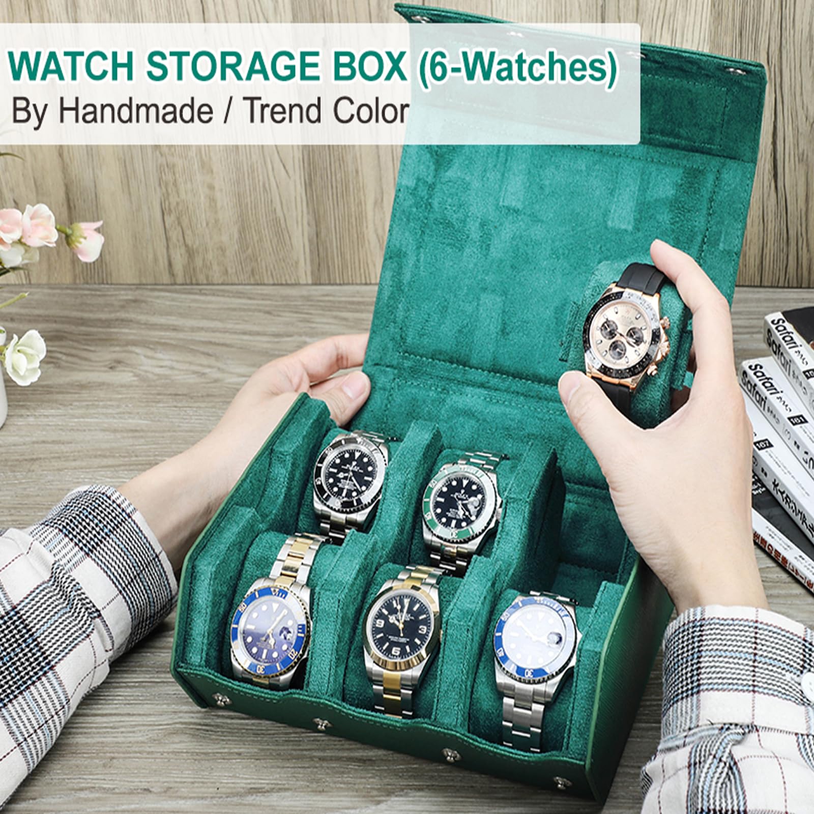 Custodia esagonale per orologi Hiram in vera pelle Saffiano, scatola porta orologi per 6 orologi, custodia protettiva in pelle a 6 scomparti per orologi, organizer per orologi da uomo (verde)