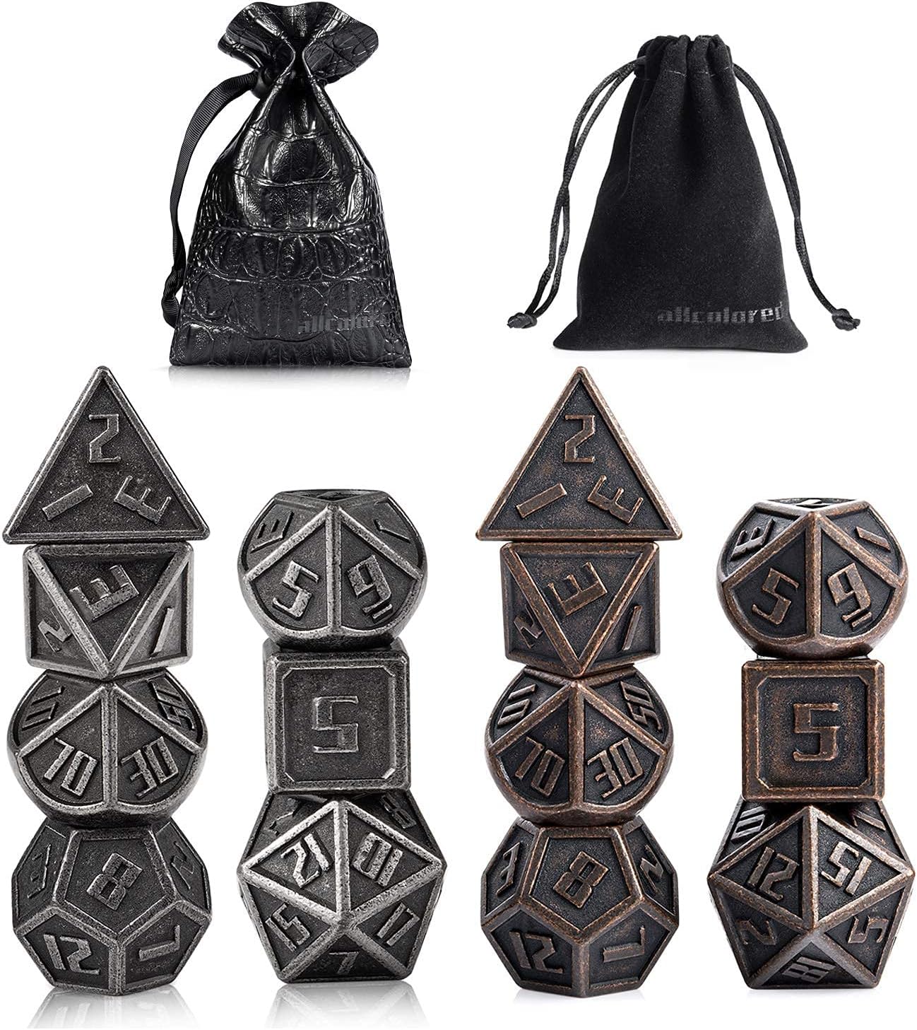 16mm Metal Dice Set D&D, 2 Pack-Antique Iron & Antique Copper DND Metal Dice of D4 D6 D8 D10 D% D12 D20 for Playing Tabletop Roleplay Games Dungeons
