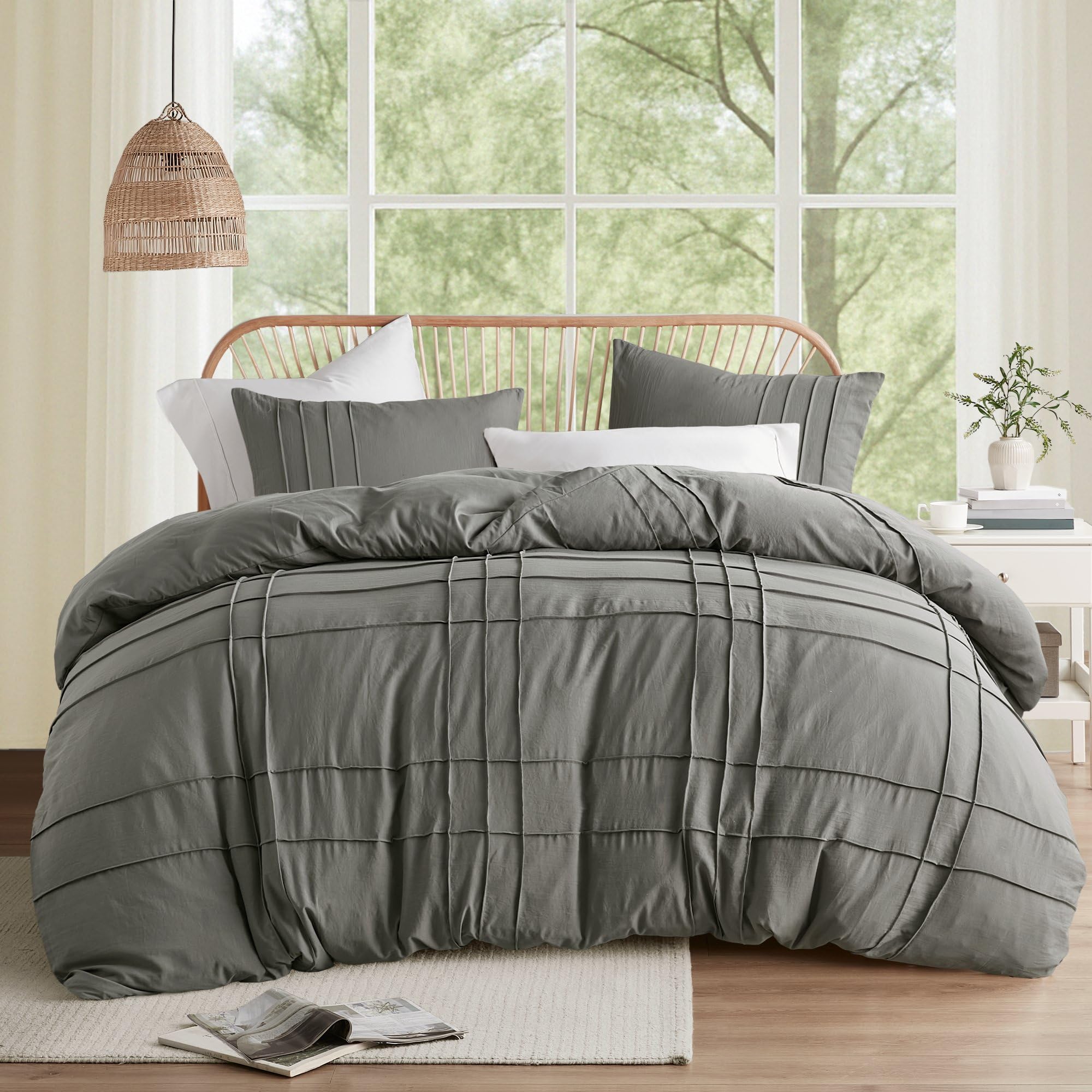 Comfort Spaces Grey Cal King Size Duvet Cover Set - 3-pc Pintuck Pleated Duvet Cover, All Season Lightweight, Extra Softness Pre-Washed Microfiber Bed Cover Shams