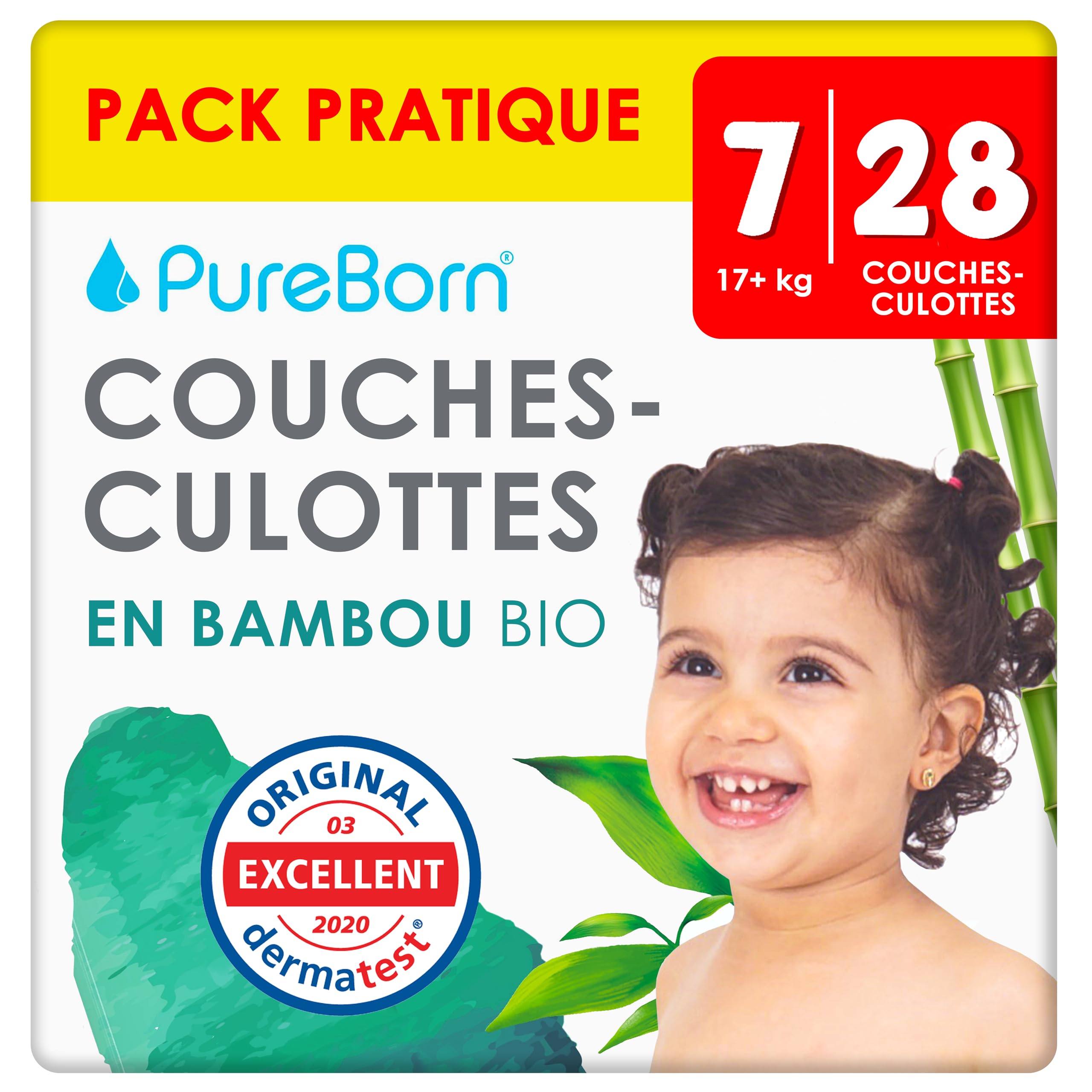 PureBorn 28 Couches Culottes Taille 7 (17+ kg), Ultra-Absorbantes, Hypoallergéniques, Couches Culottes douces pour Bébé, Testées Dermatologiquement, Anti-fuites en Bambou Naturel
