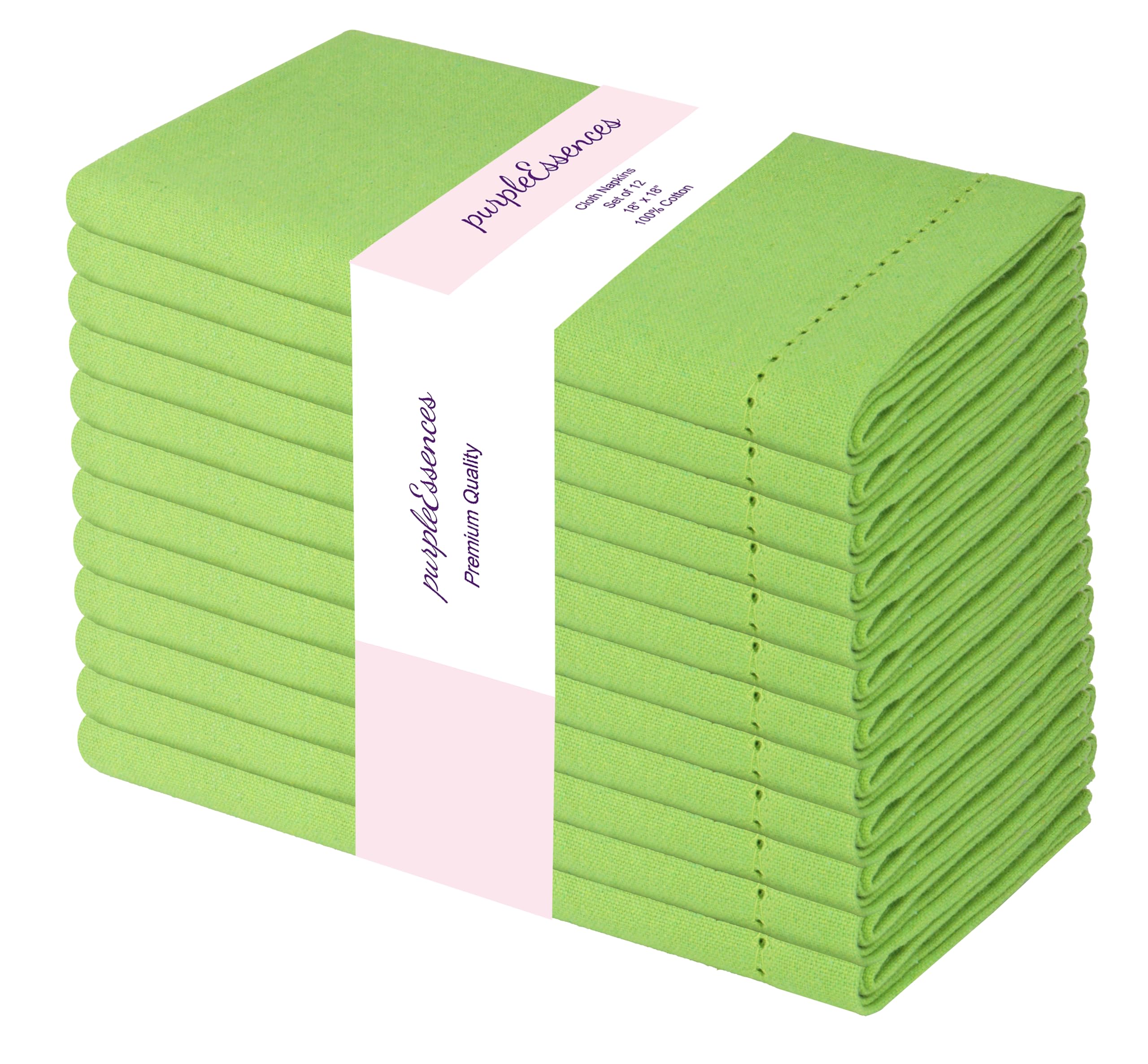 PurpleEssences Set of 12 Hemstitch Cloth Dinner Napkins 100% Cotton - Soft Durable Washable - Ideal for Wedding Spring Easter Summer - Perfect Everyday Use Table Linen 18x18 - Apple Green
