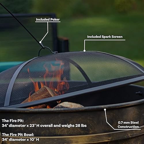 Miniatura 3 de Recipiente para fogatas de acero con pantalla parachispas de Sunnydaze, Negro