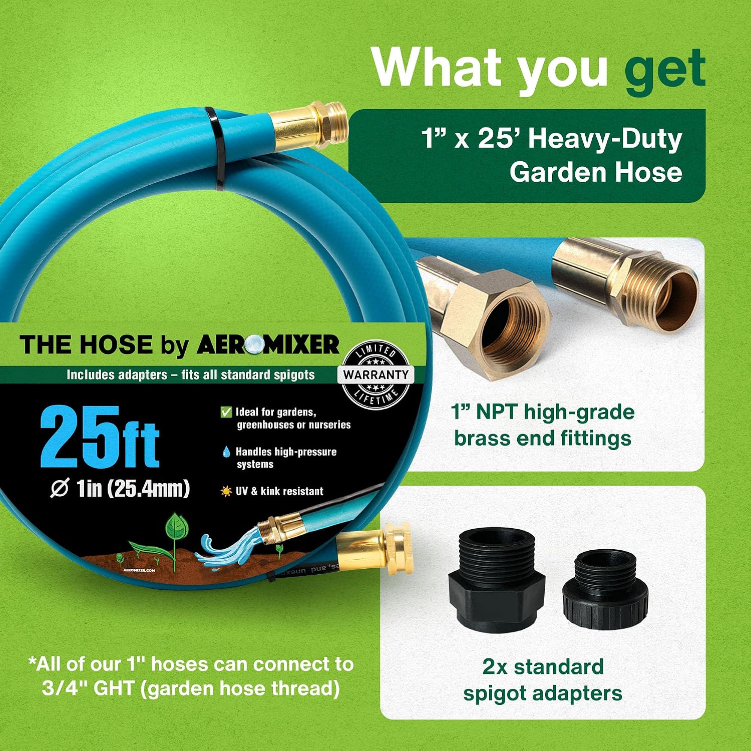 Aeromixer THE HOSE - 1 Inch Garden Hose 10 Ft, Kinkless Commercial Garden Hoses, Heavy Duty Industrial Water Hoses for Outdoors, 650 PSI High-Pressure Watering Tool for Farming - 2 Pack
