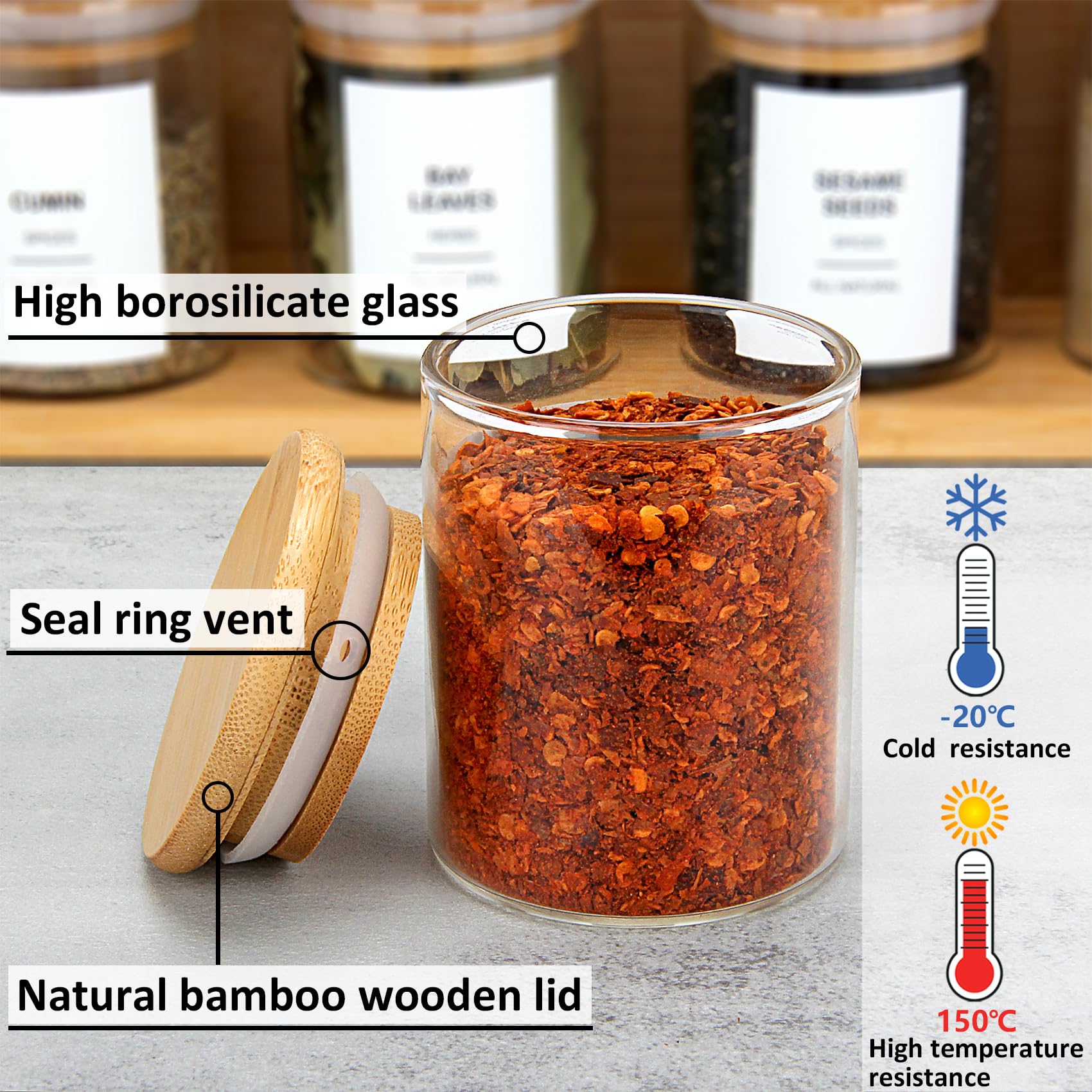 EgticHome Gewürzgläser aus Glas mit Bambusdeckel und 315 Etiketten, transparent, für Küche, Zucker, Salz, Kaffee, Tee, Bohnen, 118 ml, 20 Stück