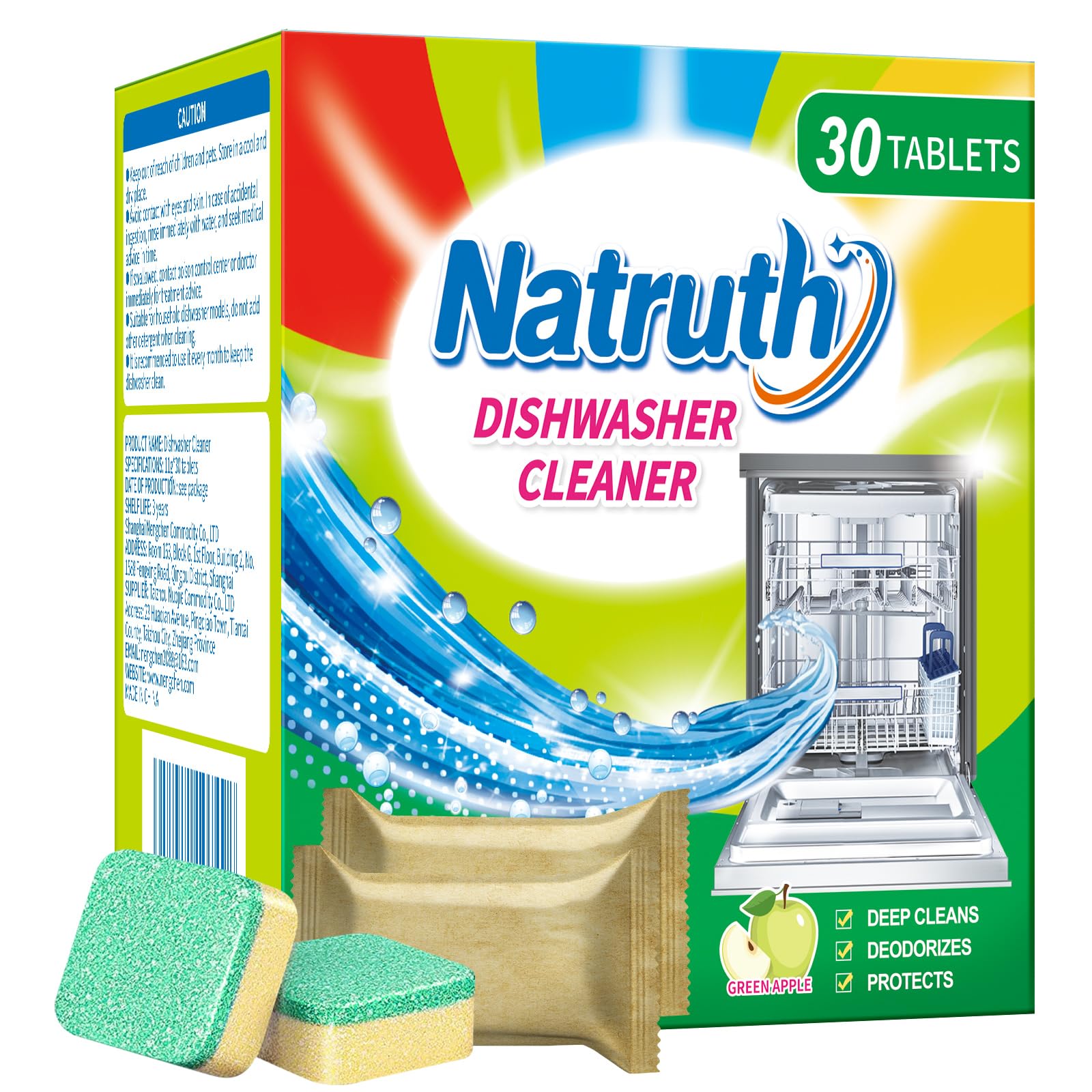 NATRUTHDishwasher Cleaner And Deodorizer Tablets -30 Pack for Deep Cleaning, Deodorizing & Protecting, Prevents Buildup.Heavy Duty And Septic Safe.Clean Dish Washer For Limescale, Odor, Smell (Apple)