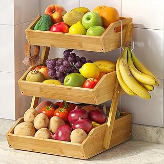 3 Tier Large Bamboo Fruit Basket for Kitchen Counter with 2 Banana Holde...