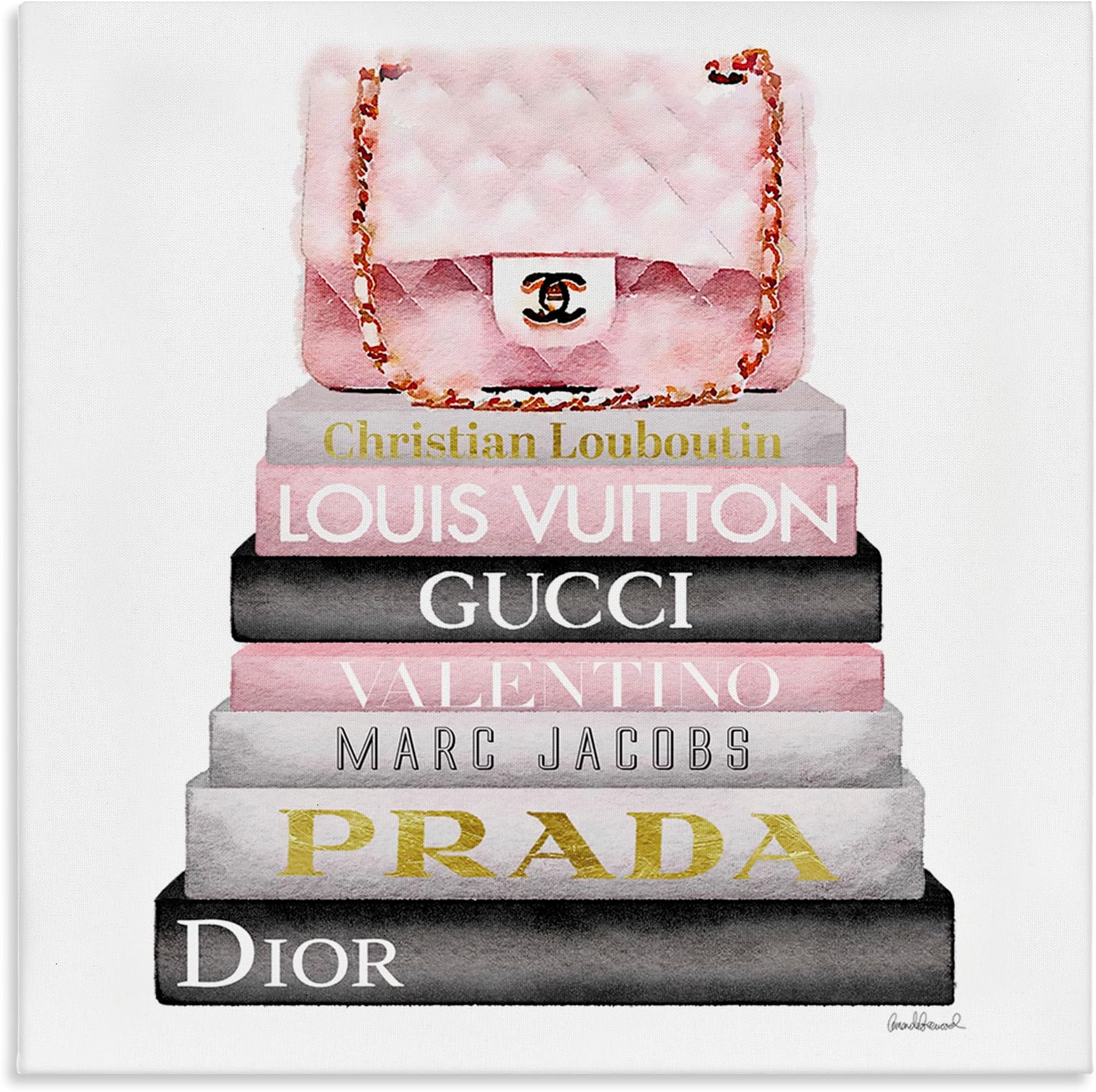 Stupell Industries Watercolor High Fashion Bookstack, Designed By Amanda Greenwood, 24 x 24, Canvas Wall Art