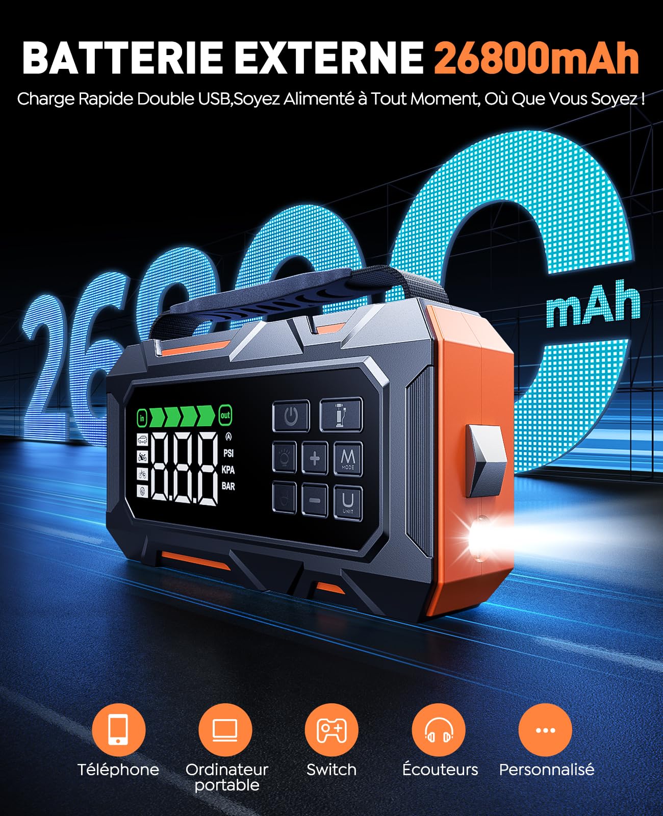 14-in-1 8000A Booster Batterie Voiture avec Gonfleur 160PSI, 26800mAh Démarreur avec Kit d'urgence Voiture, Booster Moto avec 5 LED, Kit Réparation Pneus, Marteau Sécurité (Tous Gaz/12L Diesel)