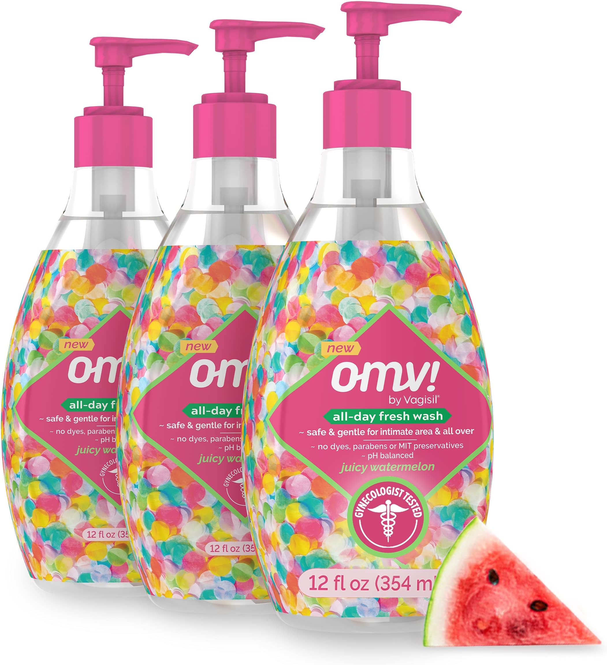 Vagisil OMV! All-Day Fresh Intimate Feminine Wash for Women, Gynecologist Tested, Juicy Watermelon Scent, 12 Oz Bottle, Pack of 3