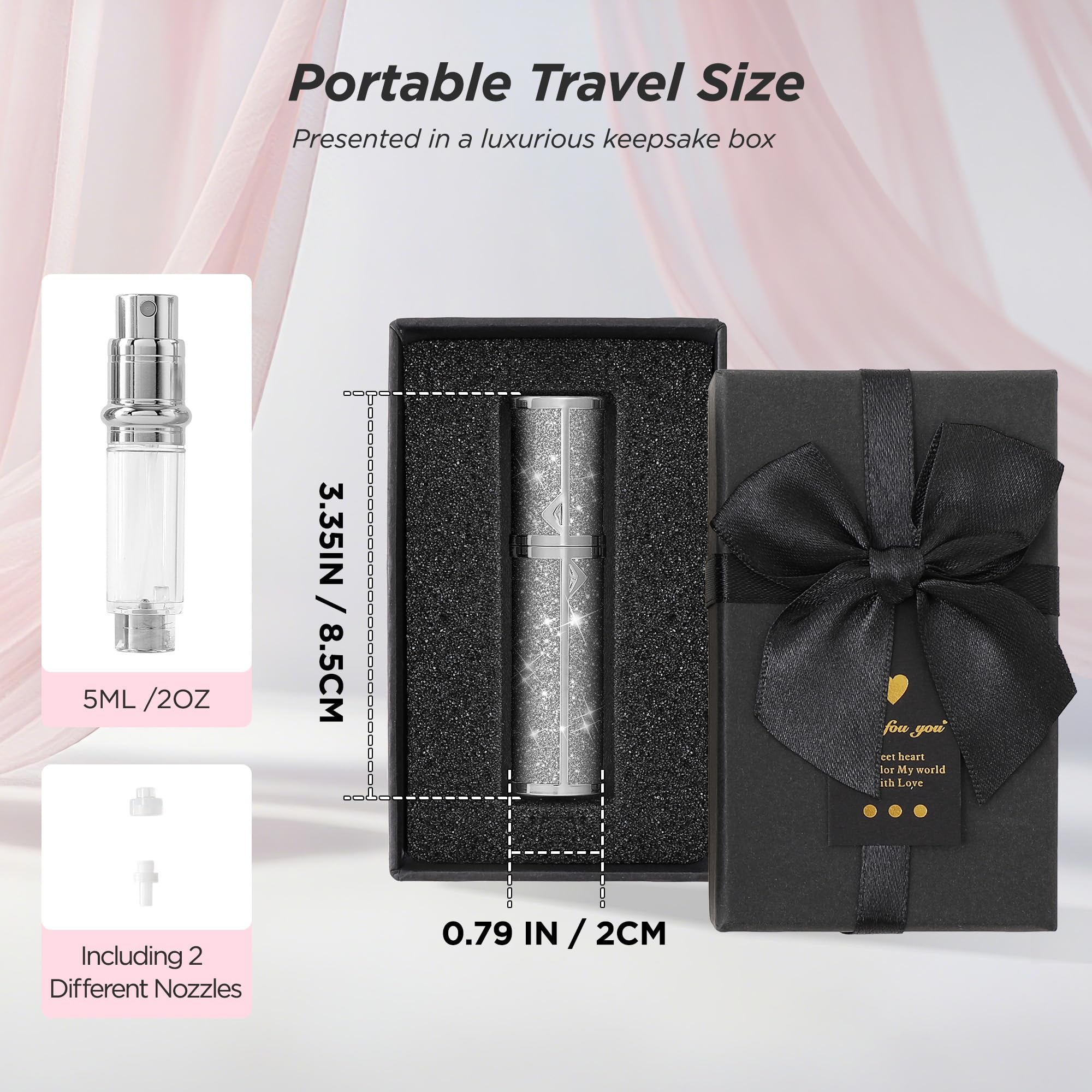 SESENSE Reise-Parfümflasche, nachfüllbar, funkelnder Parfümzerstäuber, auslaufsicher, tragbar, 5 ml, leerer Mini-Zerstäuber, Sprühflasche für Reisen und Ausgehen, Silber, 5 ml