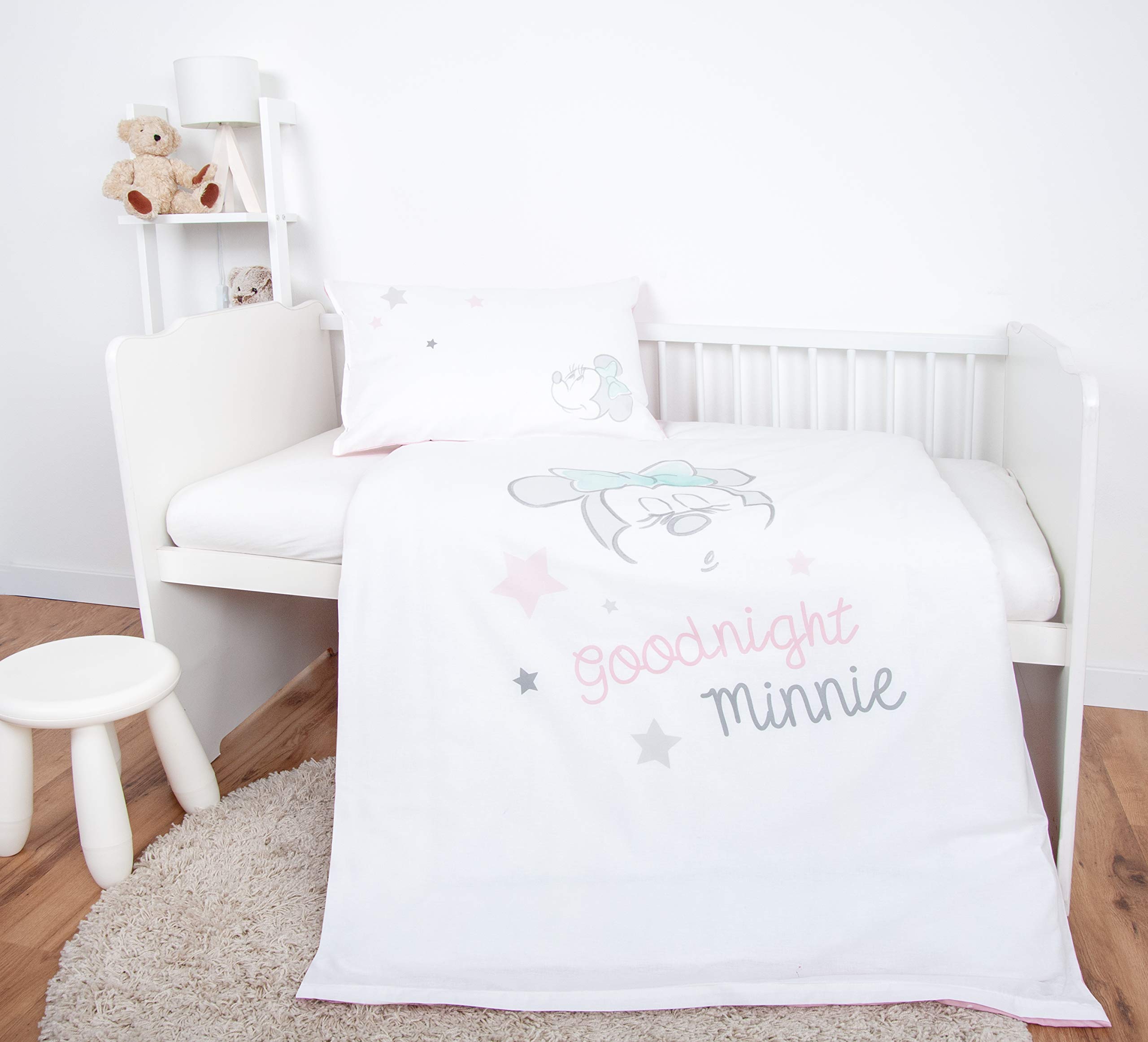 Herding Minnie Mouse zestaw pościeli organicznej, certyfikat GOTS, dwustronny motyw, poszewka na poduszkę 40 x 60 cm z zakładką hotelową, poszewka na kołdrę 100 x 135 cm, z lekkim zamkiem błyskawicznym, bawełna/bawełna renforcé
