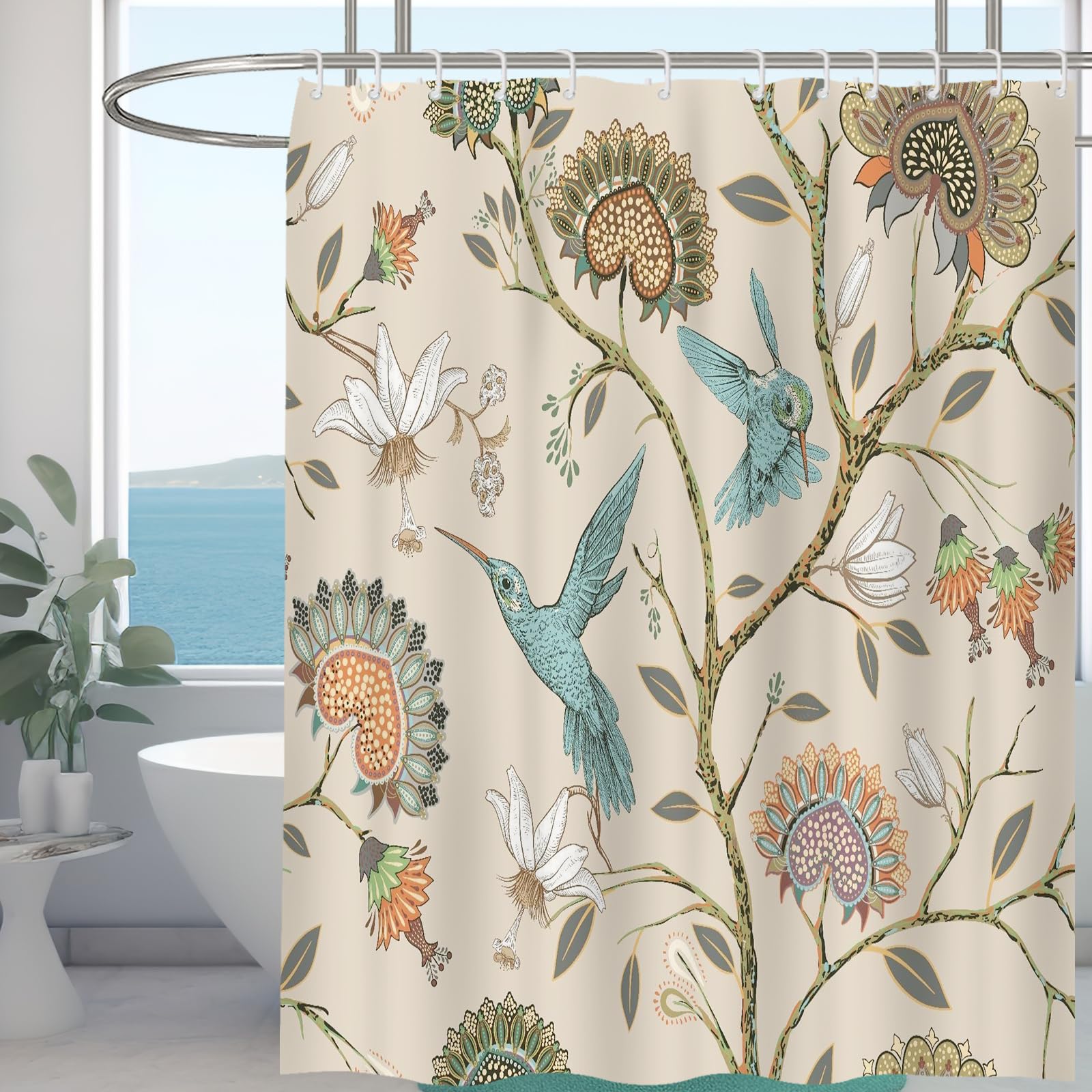 Minicoco Women's White Flower Bird Integrated Room Shower Curtain 100% Polyester Waterproof Mould Proof Floral Shower Curtain With 12 Hooks, 180 X 180 Cm (White Flower Bird)
