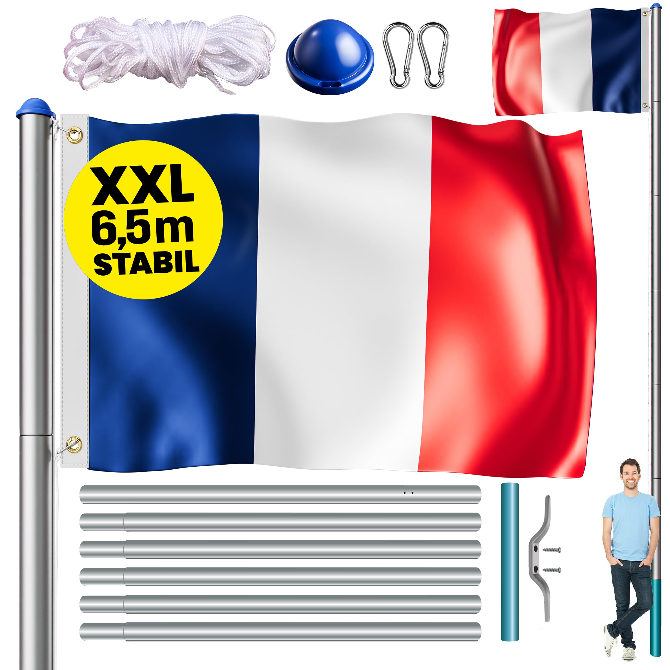 MONZANA® Fahnenmast 6,5m Seilzug Bodenhülse inkl. Frankreich Flagge Französische Nationalflagge Fahne höhenverstellbar Flaggenmast Aluminium Teleskop Fahnenstange