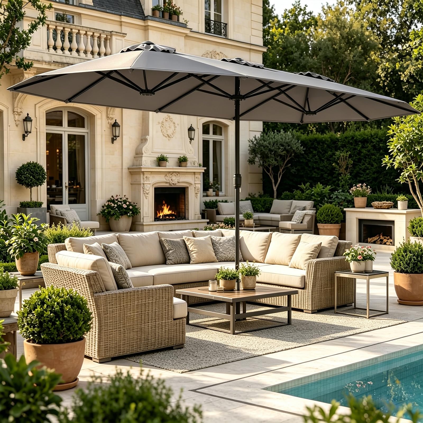 RELAX4LIFE Grand Parasol de Jardin Exterieur avec Pied, 4x2M Parasol Double pour Terrasse/Piscine/Marché, 12 Baleines Renforcées, Manivelle, Protection Solaire pour 6-8 Personnes (Gris)
