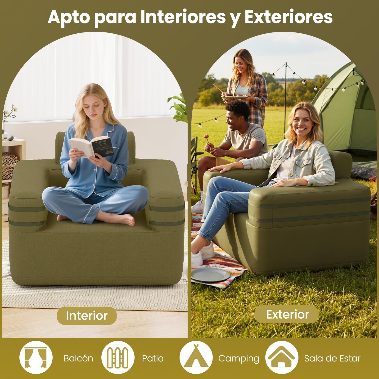 COSTWAY Silla Inflable para Camping, Sofá Hinchable con Bomba Portátil Desmontable, Tela Oxford, Bolsillo de Almacenamiento, Sofá de Aire Individual para Salon, Camping, Picnic, Playa, Carga 150 kg