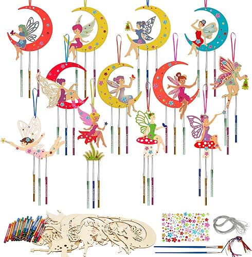 KATOOM Paquete de 12 carillones de viento para niños, kits de manualidades de elfos de hadas, carillón de viento de hadas sin terminar de madera,