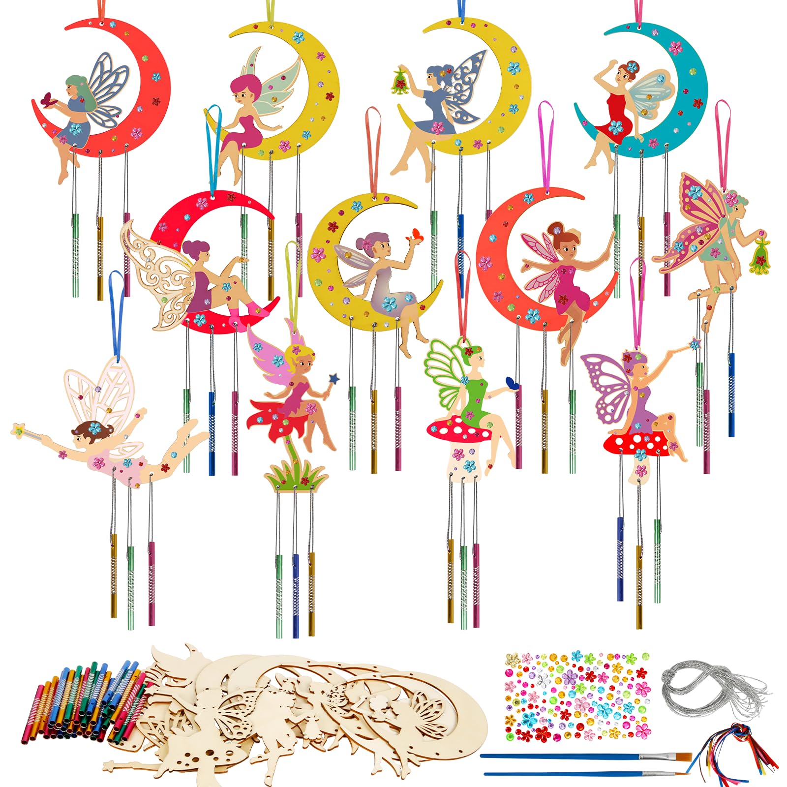 12 Pack Wind Chime Kit for Kids,Fairy Elves Craft Kits DIY Fairy Wind Chime Unfinished Wooden Fairytale Craft Ornaments for Boys Girls Activity Art Project Decor