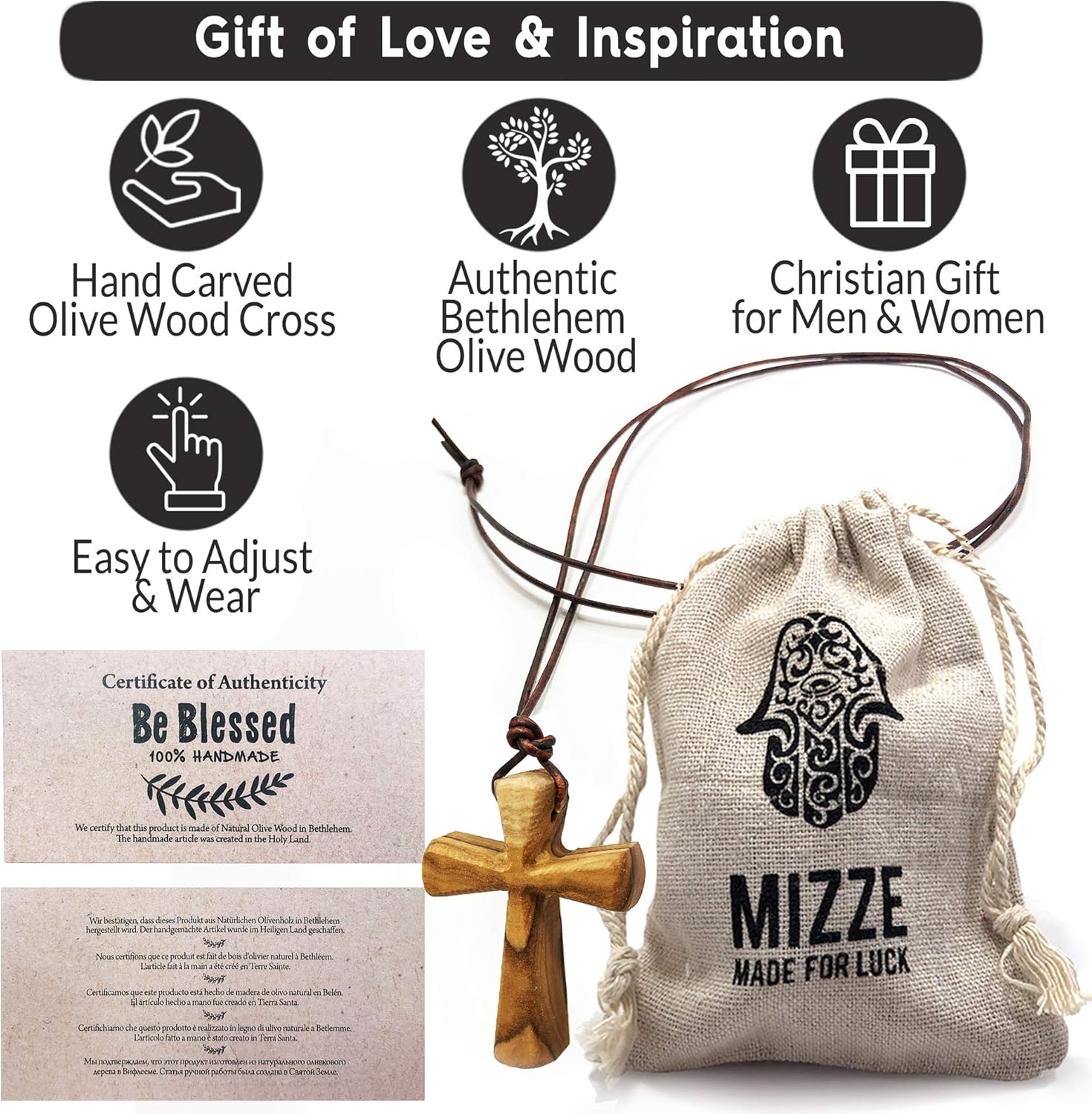 Hand Carved Tapered Wooden Cross Necklace for Men & Women on Adjustable Long Leather Cord - Available in Black or Brown - Wood Cross Pendant Gift for All Ages - Image 2