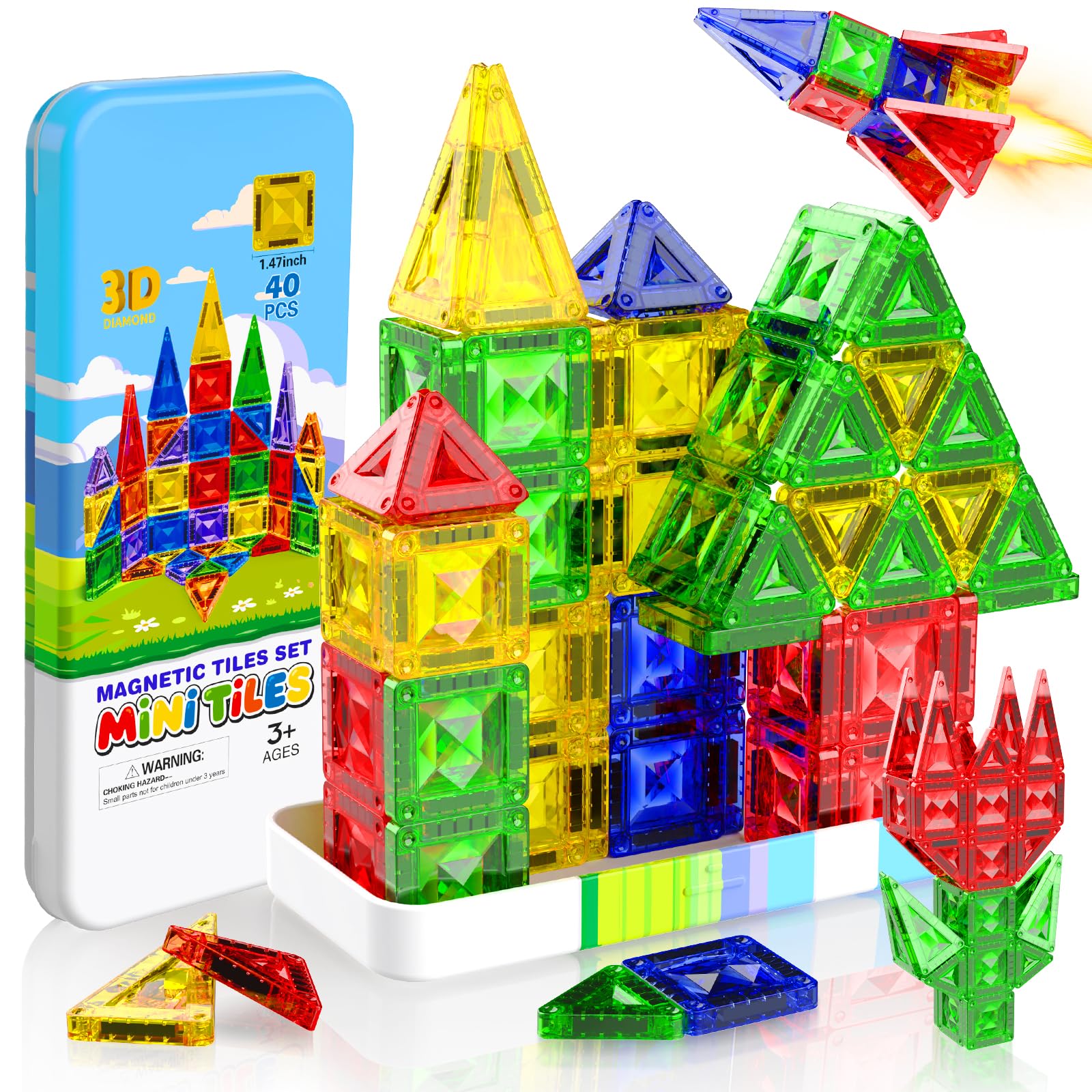 Magnetopia Mini Magnetic Building Blocks 40 Pezzi - Set Viaggio con Scatola Metallica, Animali e Veicoli, Giocattolo Magnetico Creativo per Bambini 3, 4, 5, 6, 7, 8 Anni, Perfetto da portare in giro