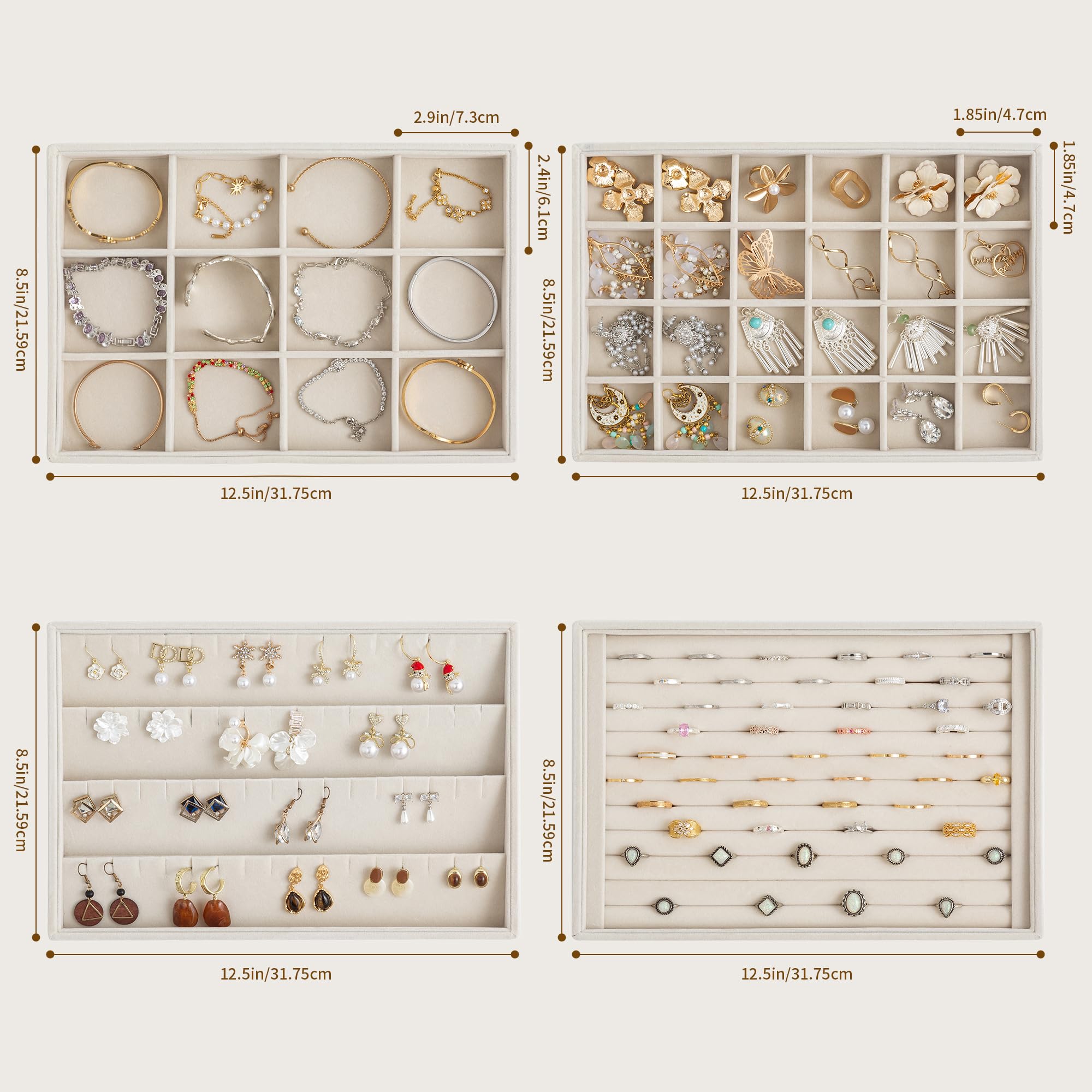 Frebeauty Organizadores de joyas apilables en terciopelo, set de 4 | Bandeja para joyas para cajones: almacenamiento apilable para pendientes (tipo botón), pulseras, collares y anillos