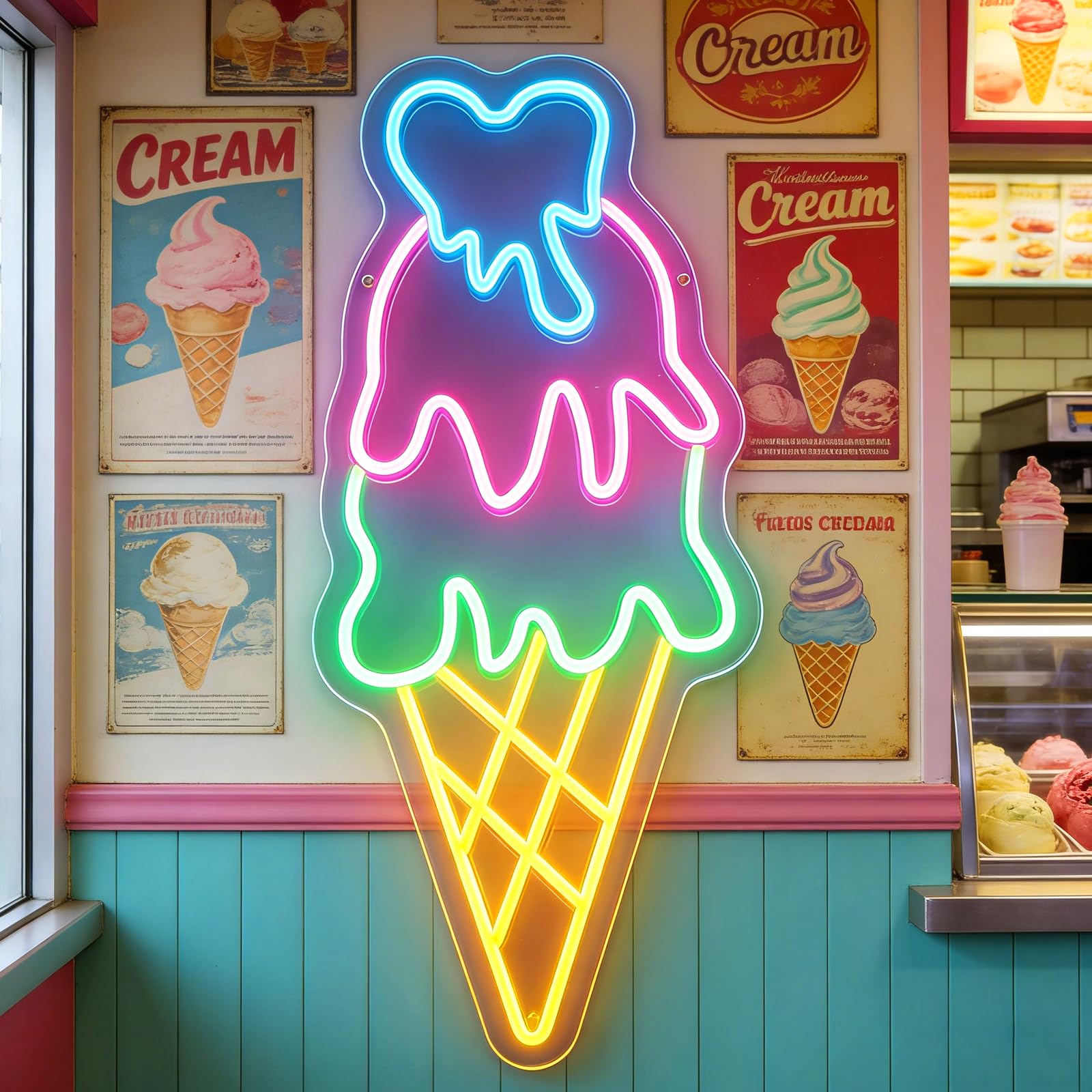 Ice Cream LED Neon Sign for Wall Decor Dimmable USB Powered Acrylic Neon Lights Wall Art with Hanging Chain LED Light Sign for Man Cave Balcony Movie Theater Beach Resort Decor(5V)