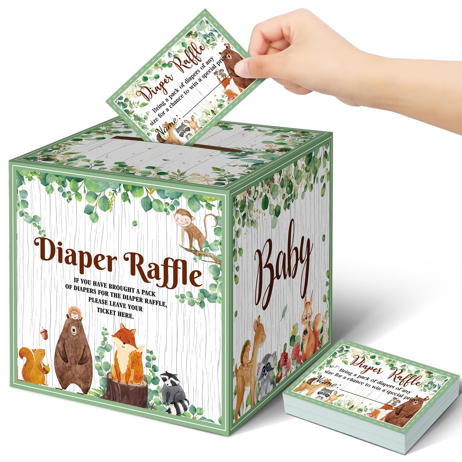Teling 51 Pieces Diaper Raffle Tickets with Card Box,Woodland Animal