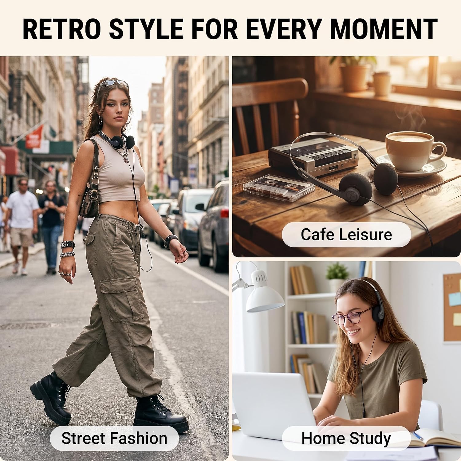 Audífonos ligeros retro, auriculares sobre la oreja, auriculares con aros vintage Feelings, auriculares estéreo de alta fidelidad, auriculares para la mayoría de teléfonos móviles