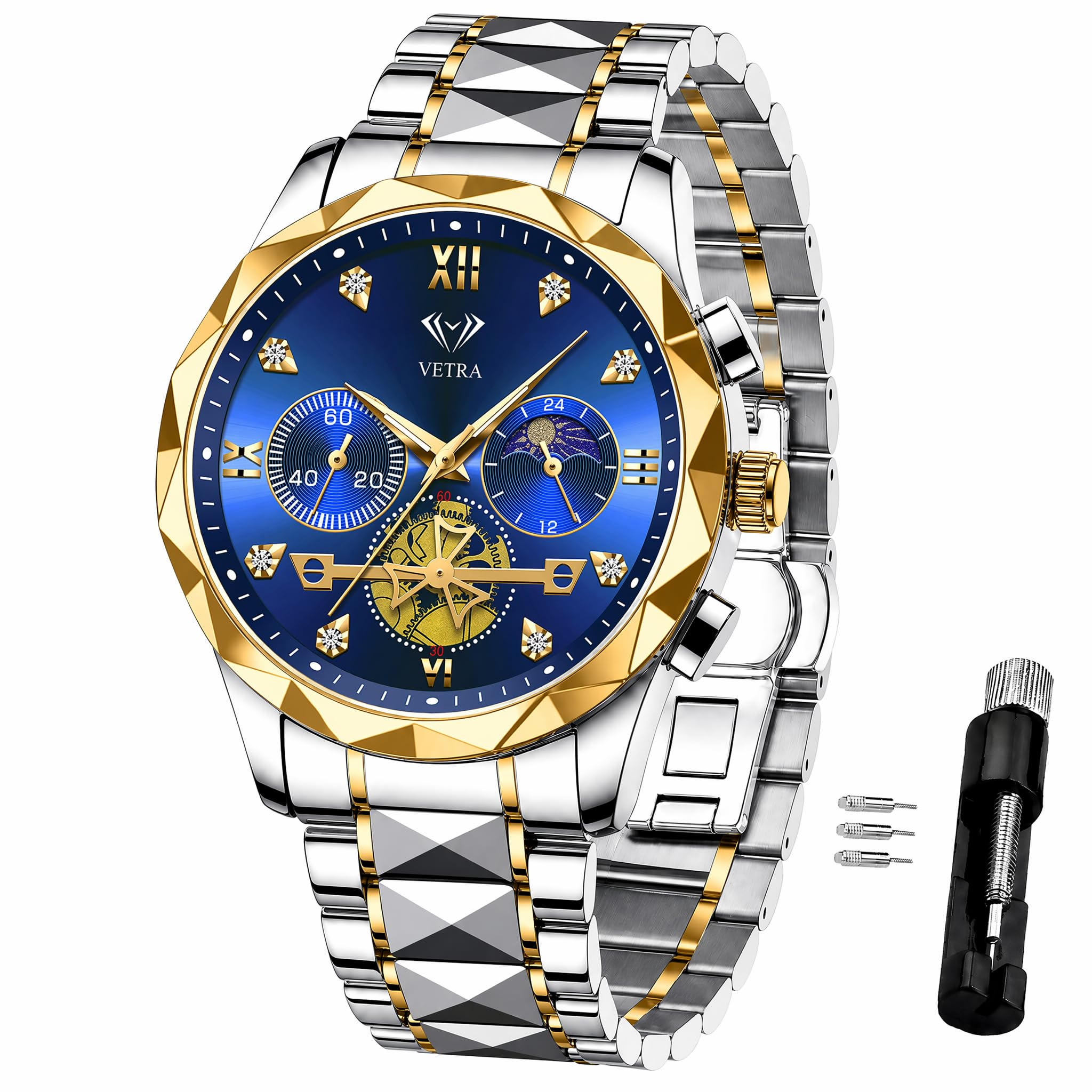Vetra Relojes De Hombre Uhren für Herren, luxuriös, Business-Kleid, multifunktional, Mondphase, Edelstahlband, leuchtend, 30 m, wasserdicht, legere Armbanduhr, Geschenk für Herren