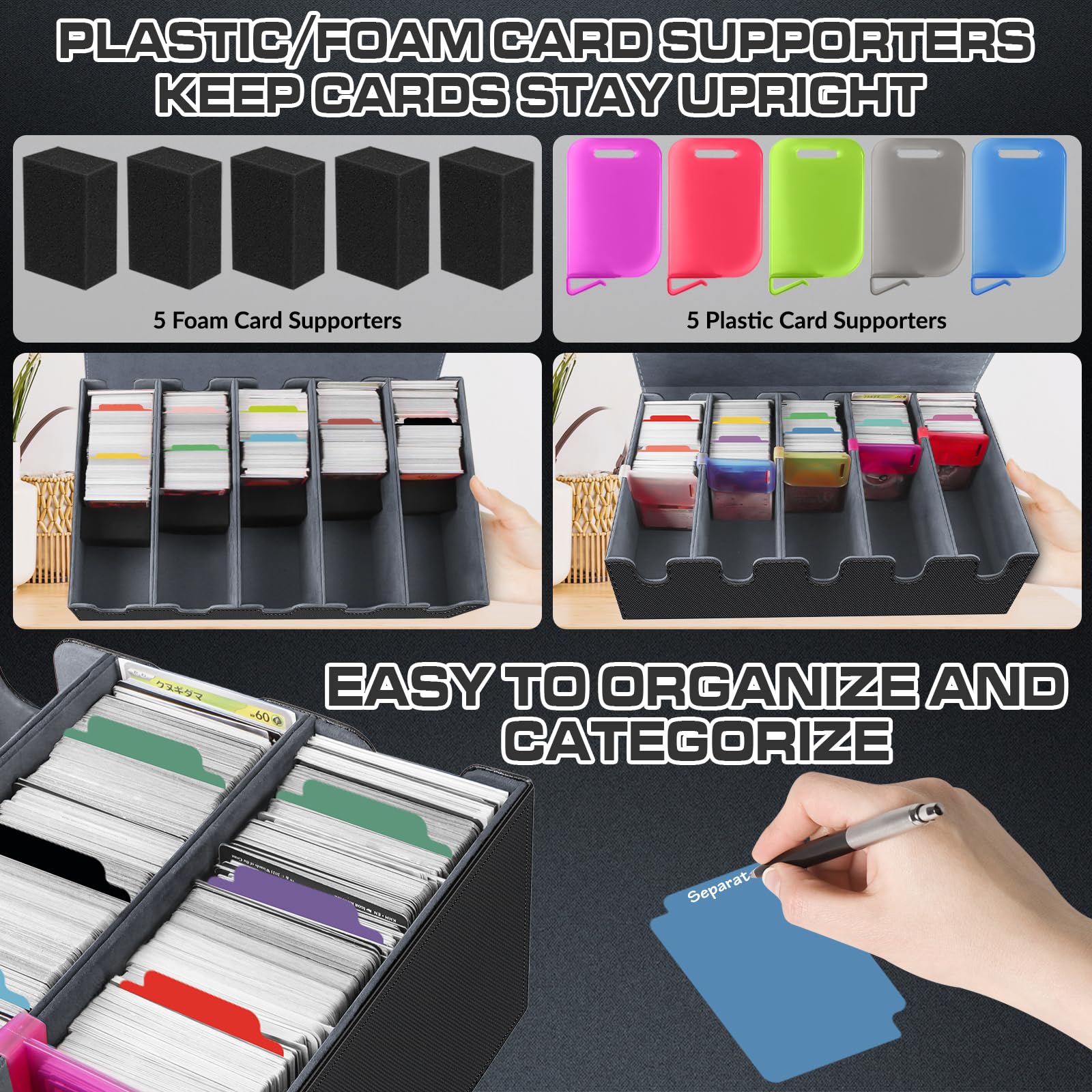 Scatola per Carte per Oltre 3600+ Carte, Scatole per Carte Collezionabili con 48 Divisori Colorato, 5 Blocchi in sSchiuma, 5 Fogli di Plastica, Scatole per Mazzi Magnetici PU per Carte(Nero Grigio)